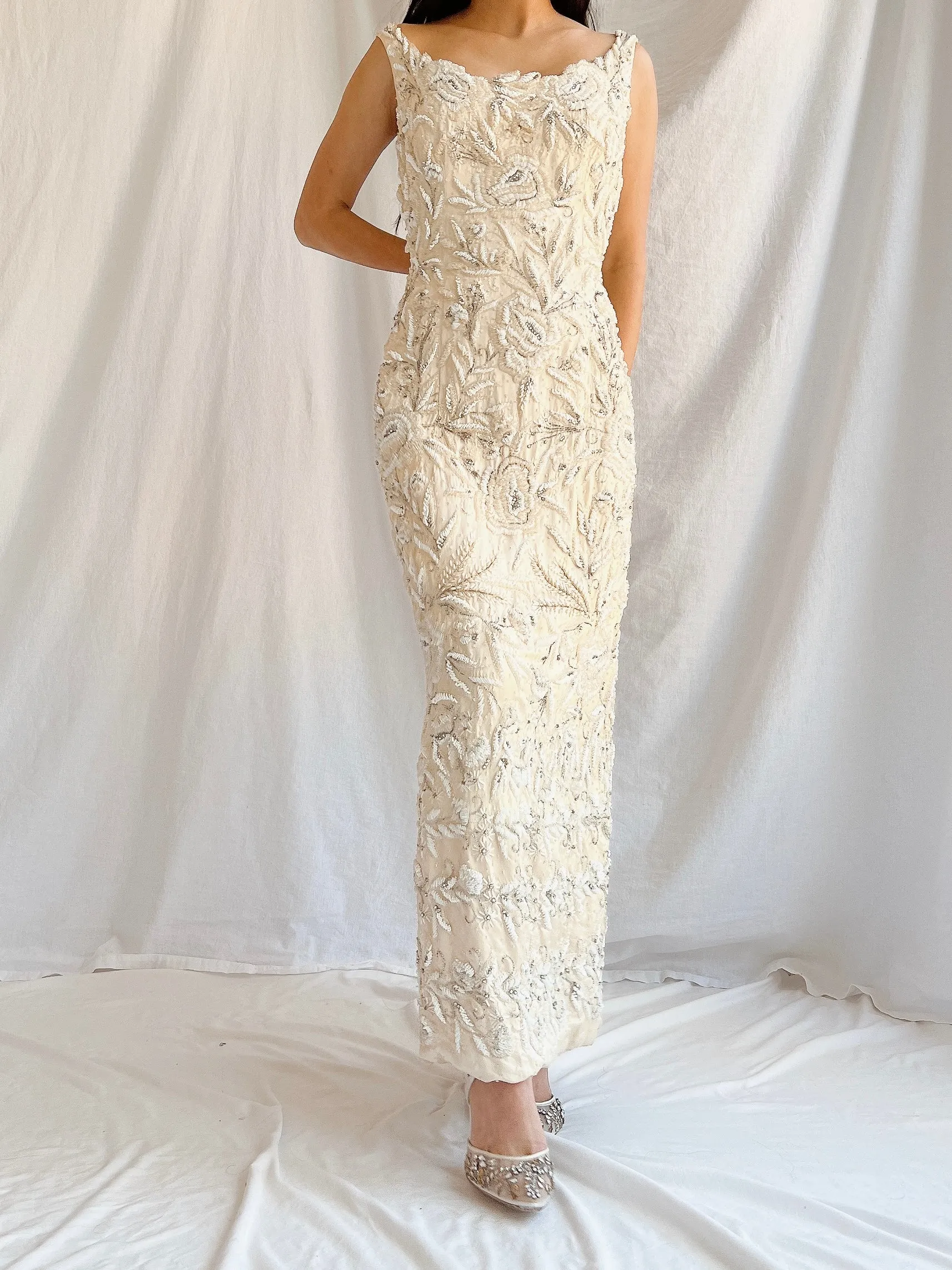 1960s Hand Beaded Ivory Dress - S/M