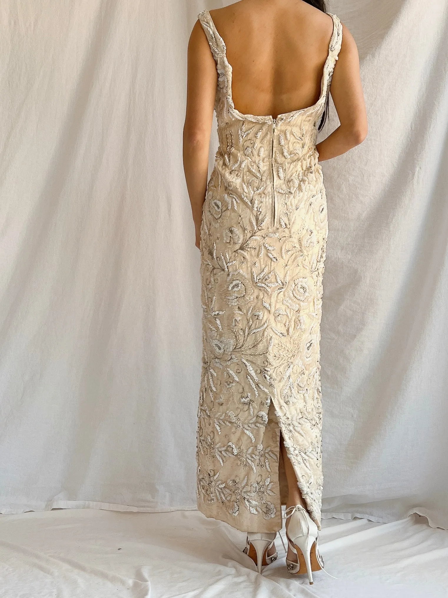 1960s Hand Beaded Ivory Dress - S/M