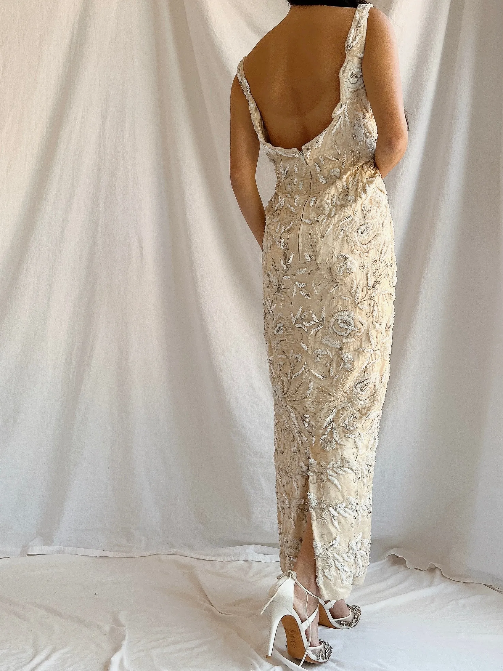 1960s Hand Beaded Ivory Dress - S/M