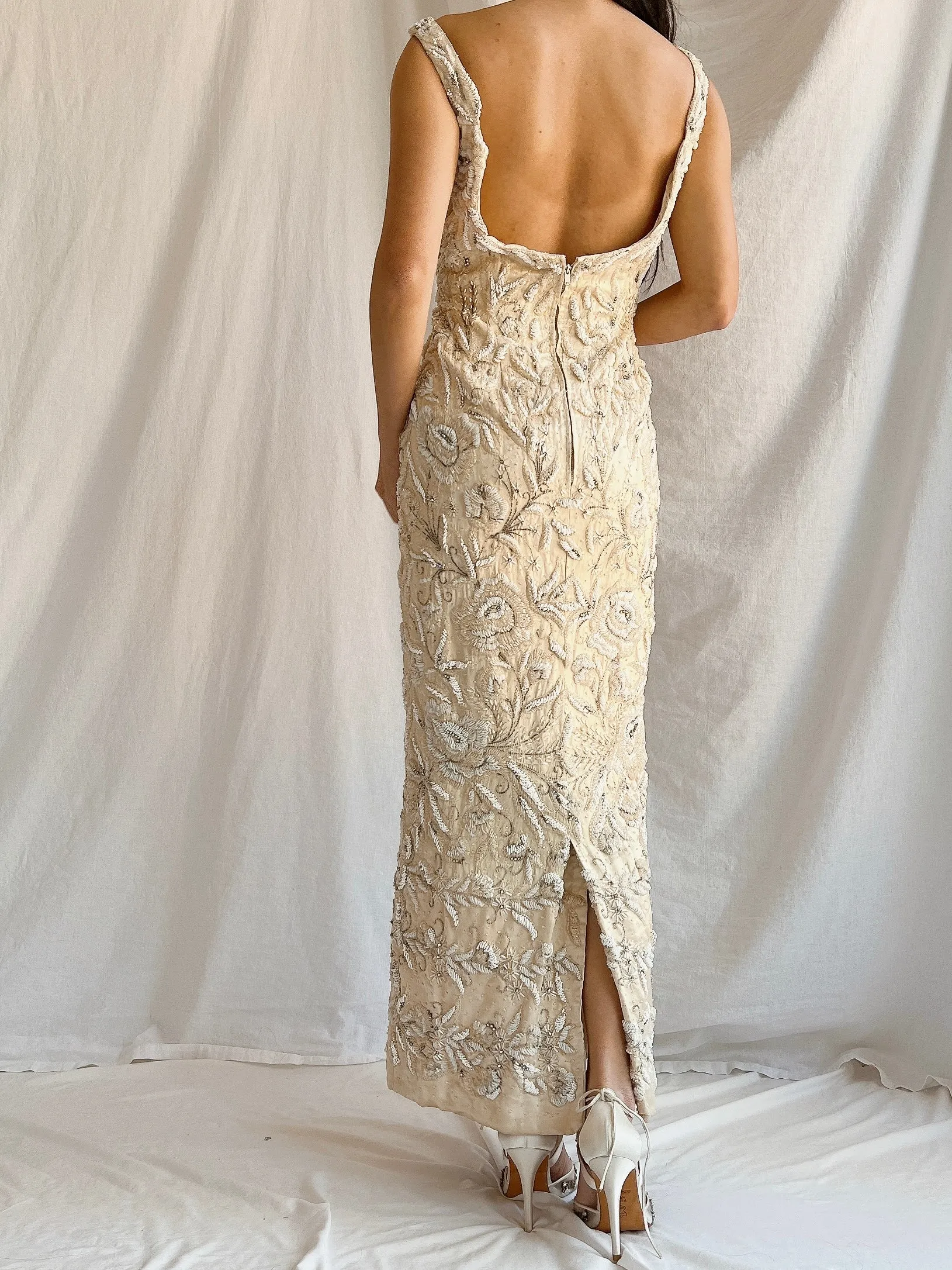 1960s Hand Beaded Ivory Dress - S/M