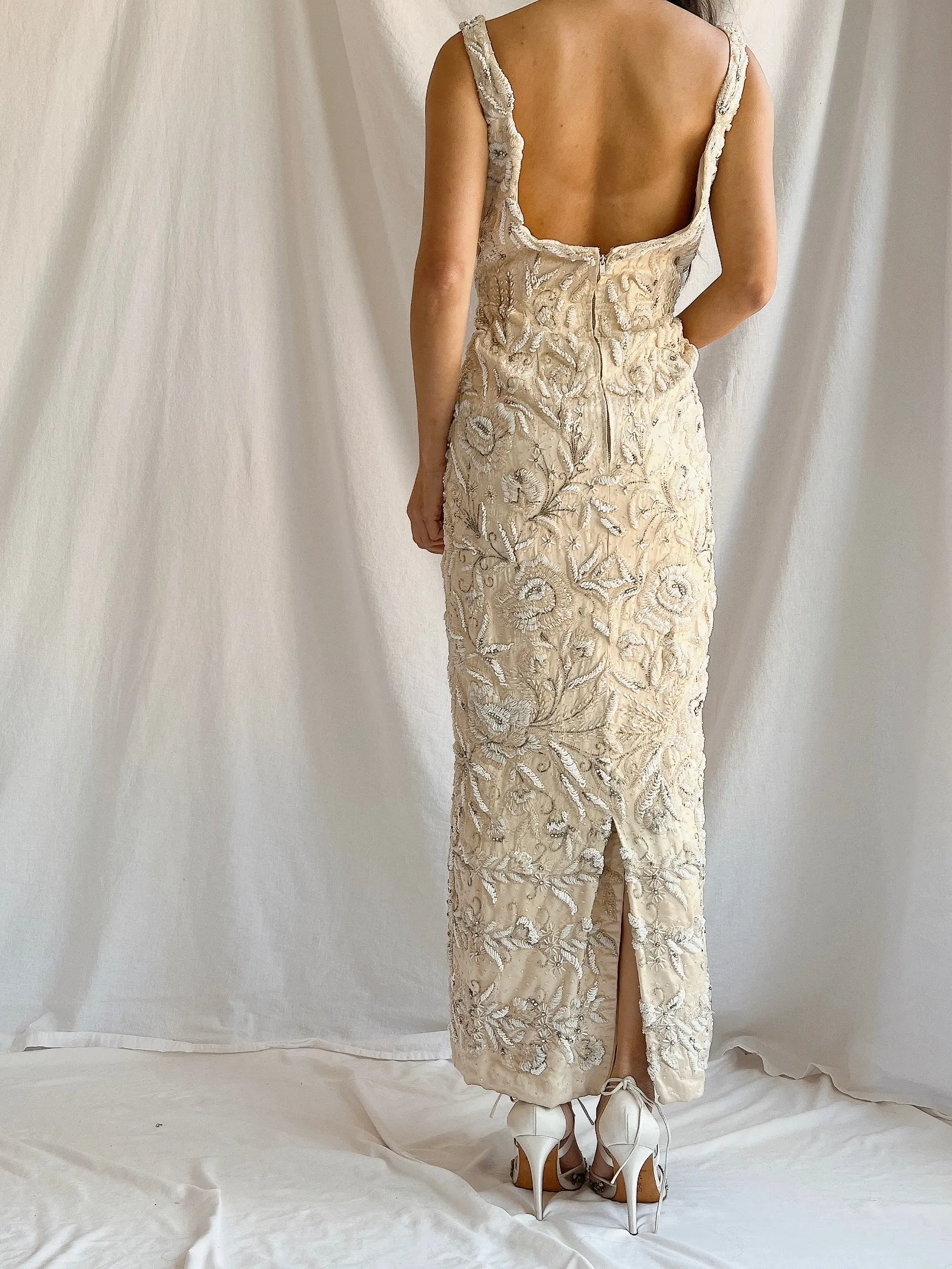 1960s Hand Beaded Ivory Dress - S/M