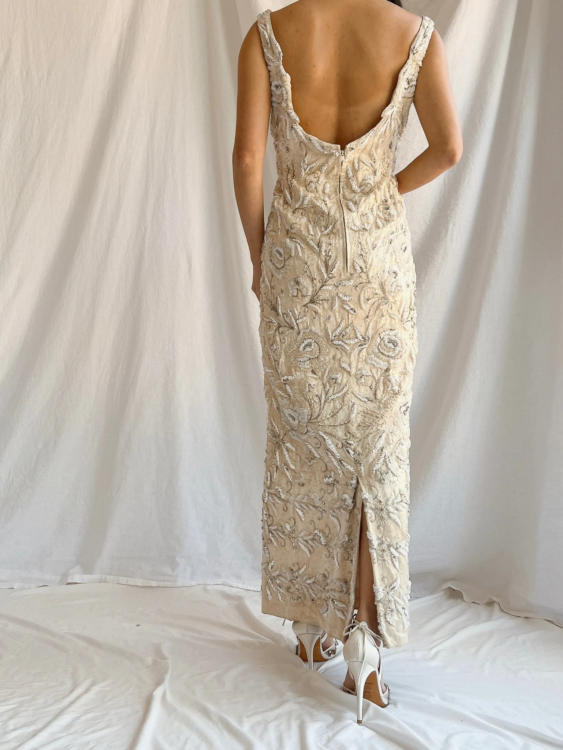 1960s Hand Beaded Ivory Dress - S/M