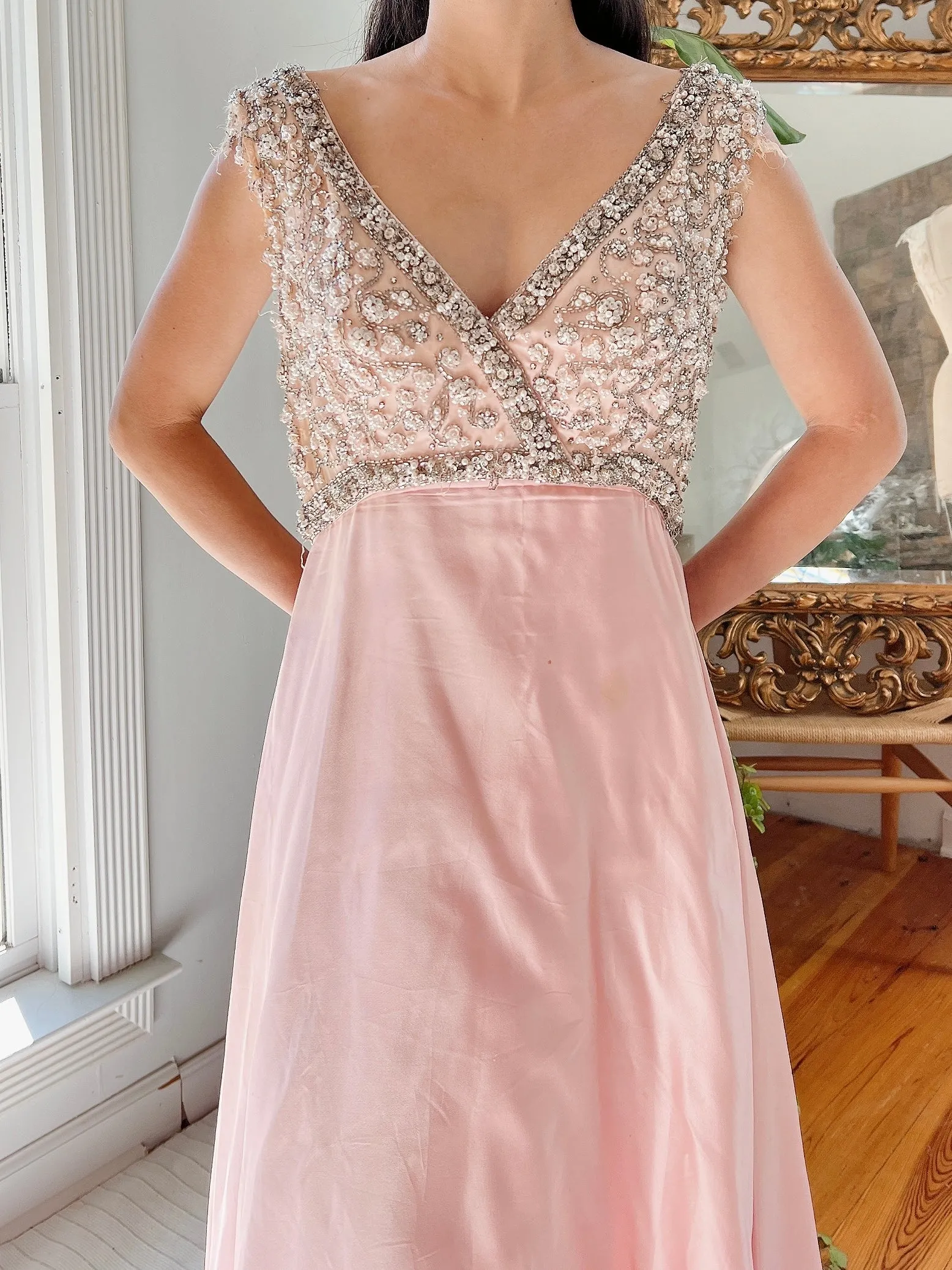 1960s Pink Silk Beaded Gown - S/M