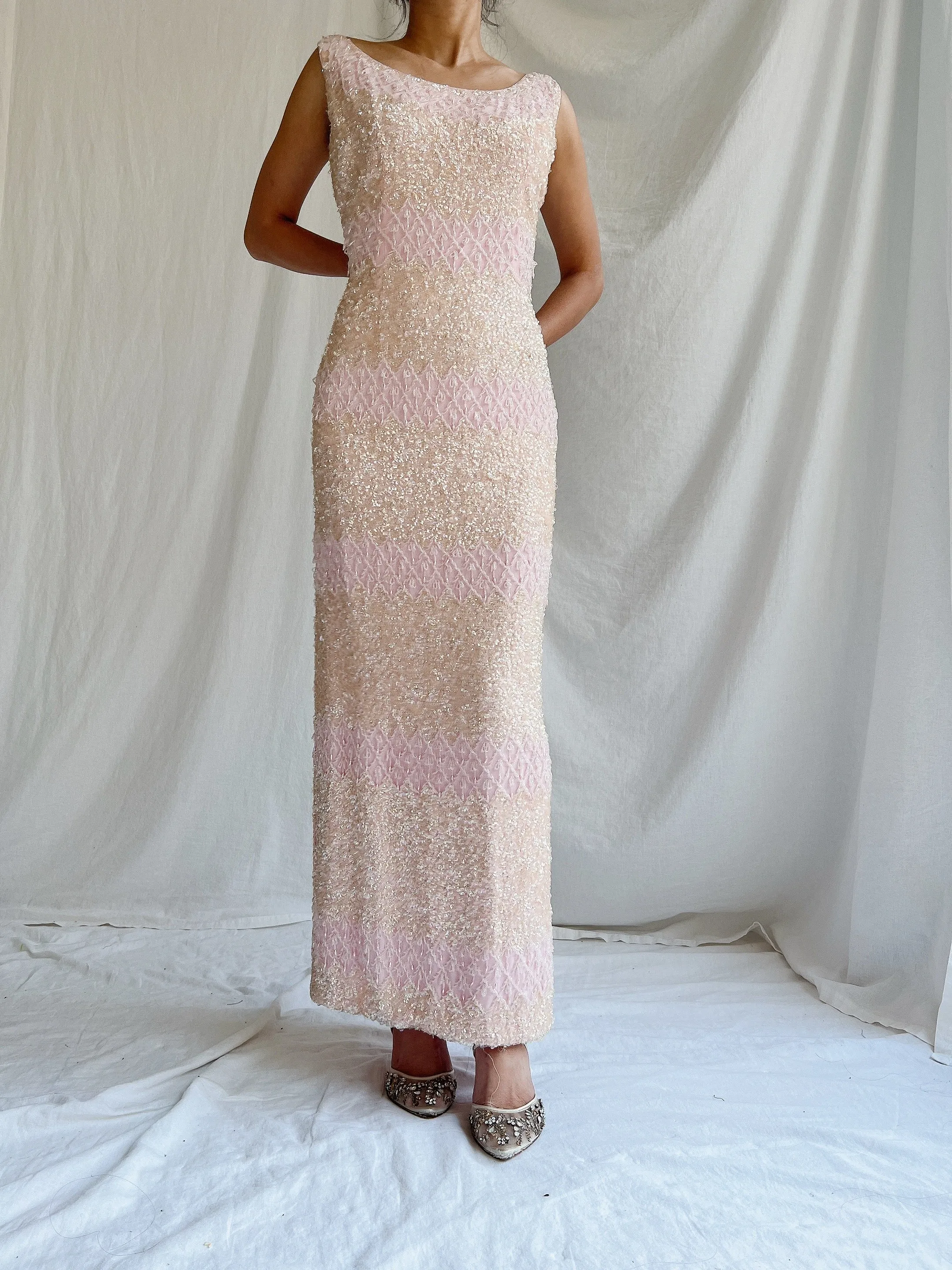 1960s Pink Silk Sequins Dress - SM