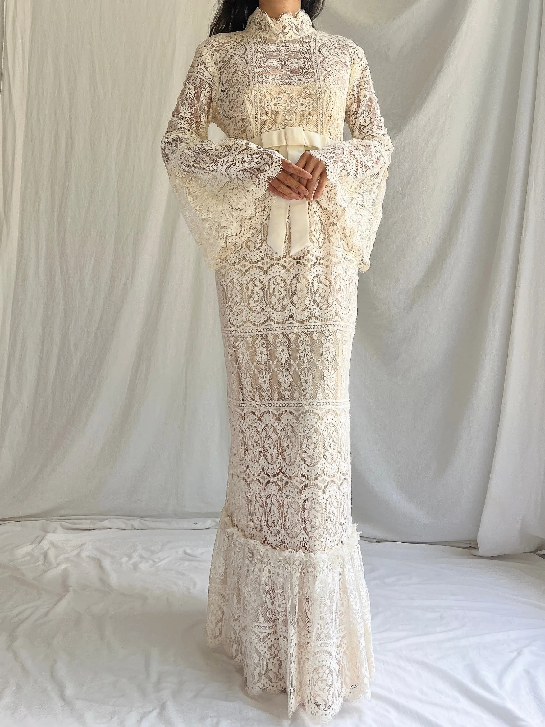 1970s Bell Sleeves Crochet Dress - XS