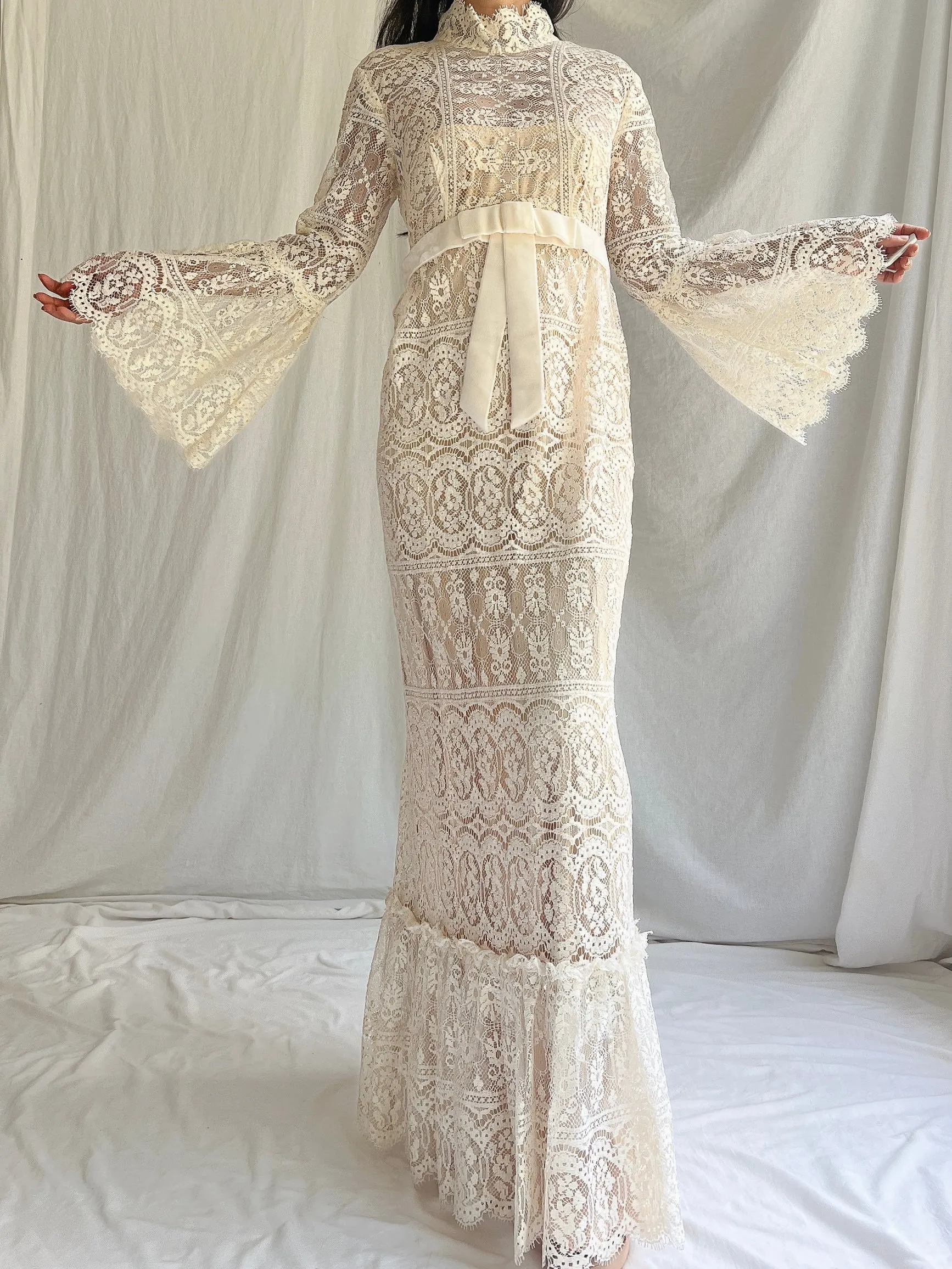 1970s Bell Sleeves Crochet Dress - XS