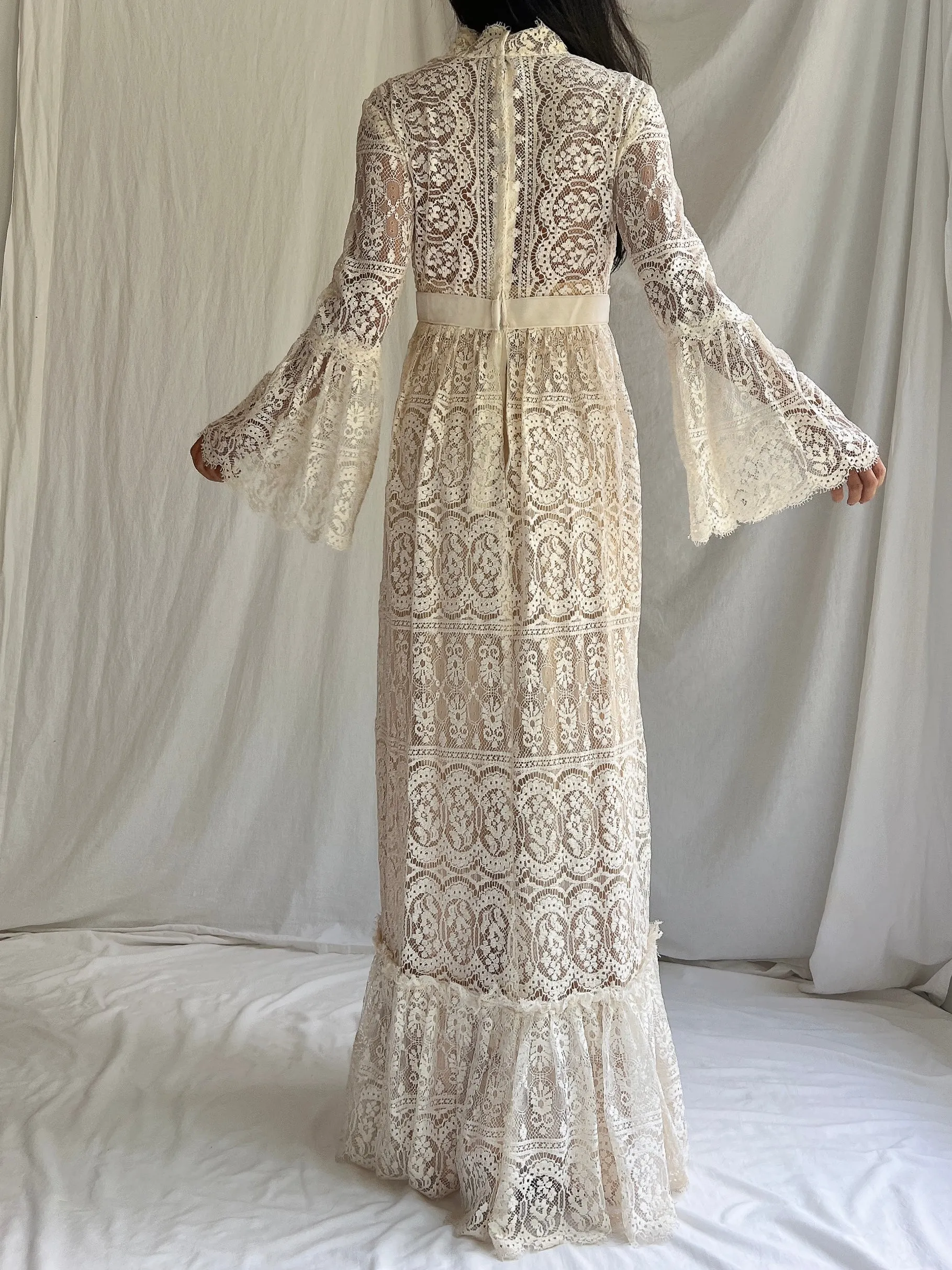 1970s Bell Sleeves Crochet Dress - XS