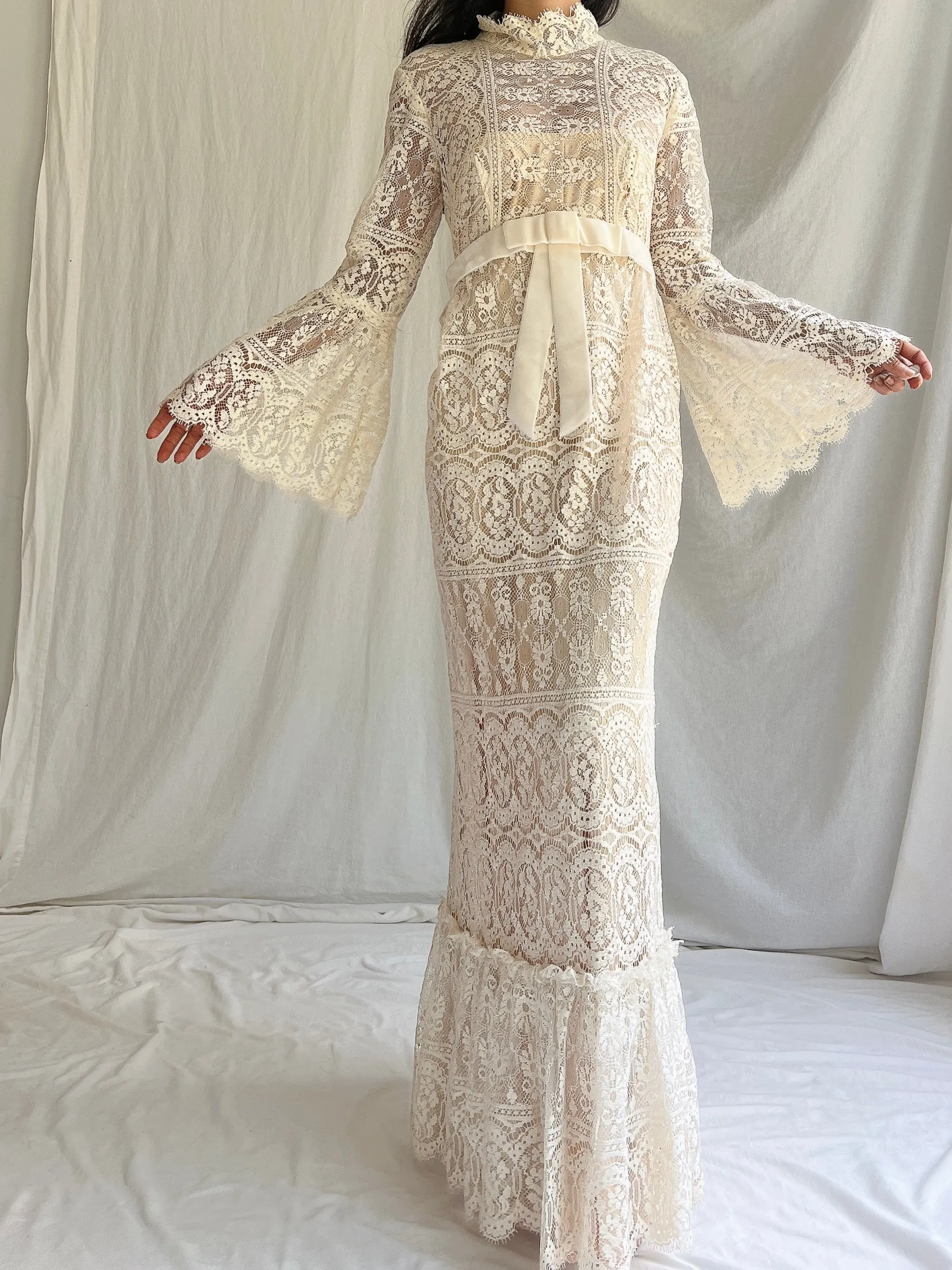 1970s Bell Sleeves Crochet Dress - XS
