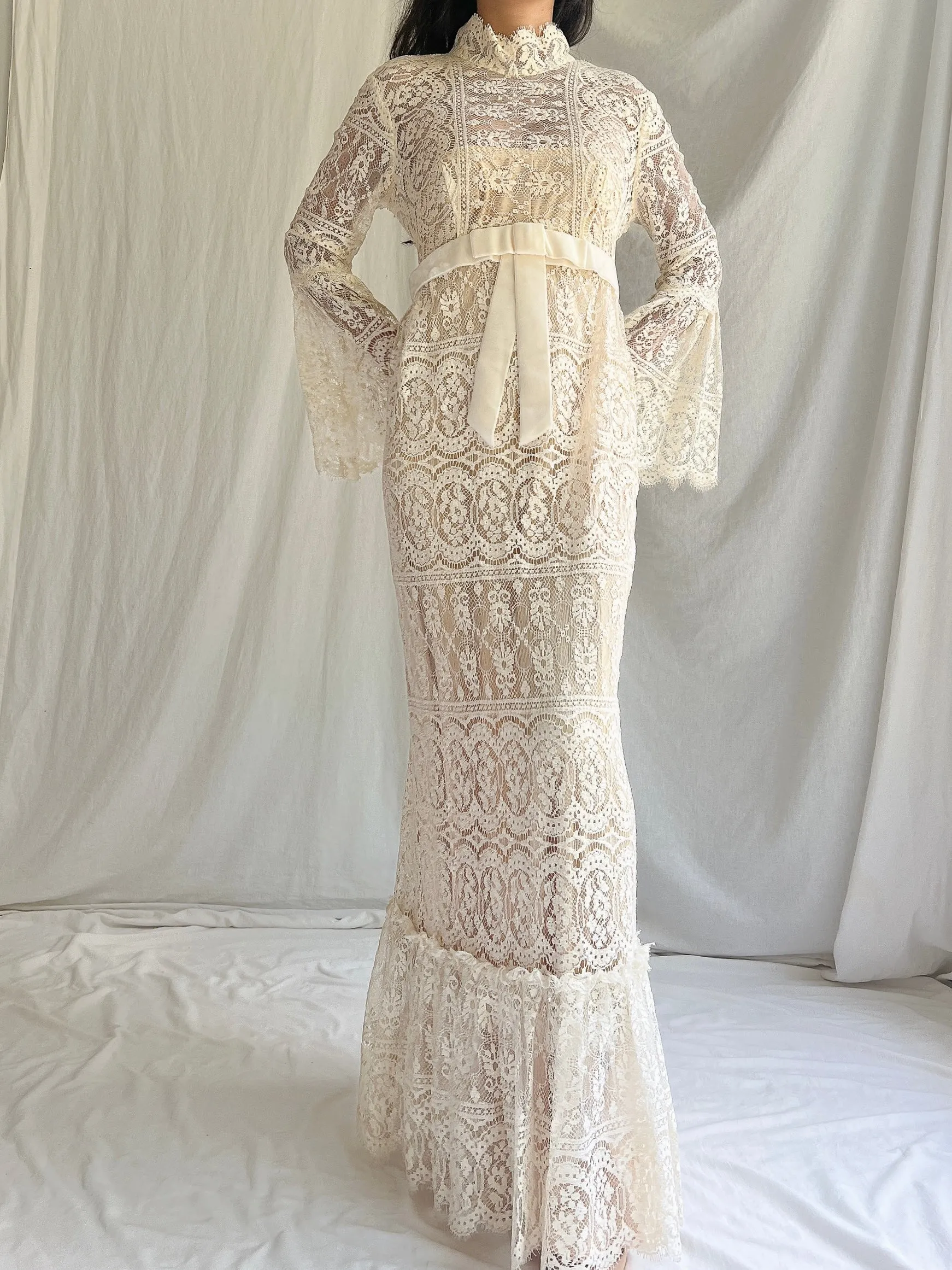 1970s Bell Sleeves Crochet Dress - XS