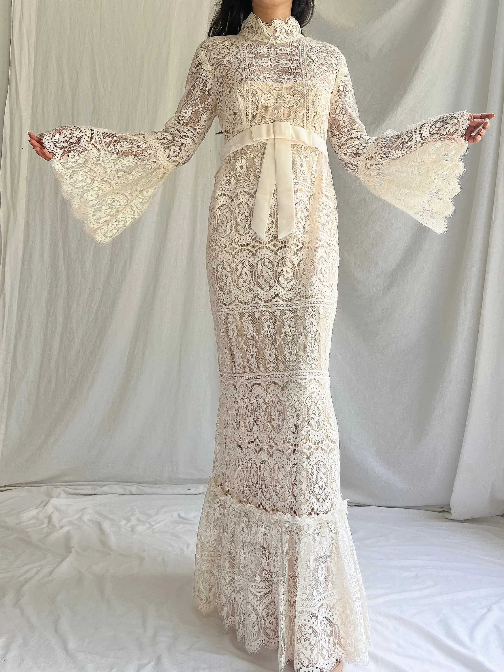 1970s Bell Sleeves Crochet Dress - XS