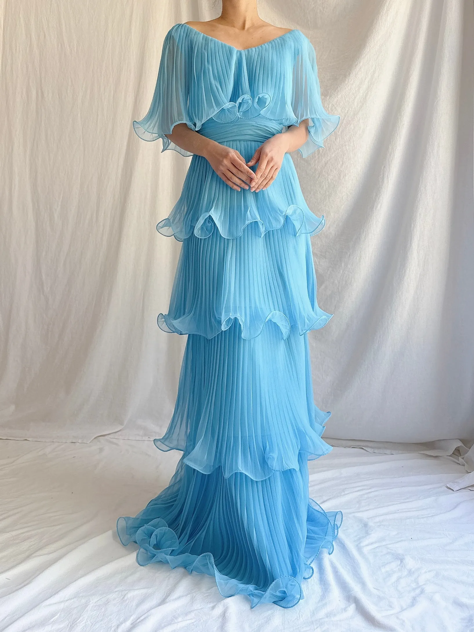 1970s Blue Tiered Dress - S