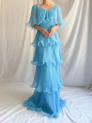 1970s Blue Tiered Dress - S