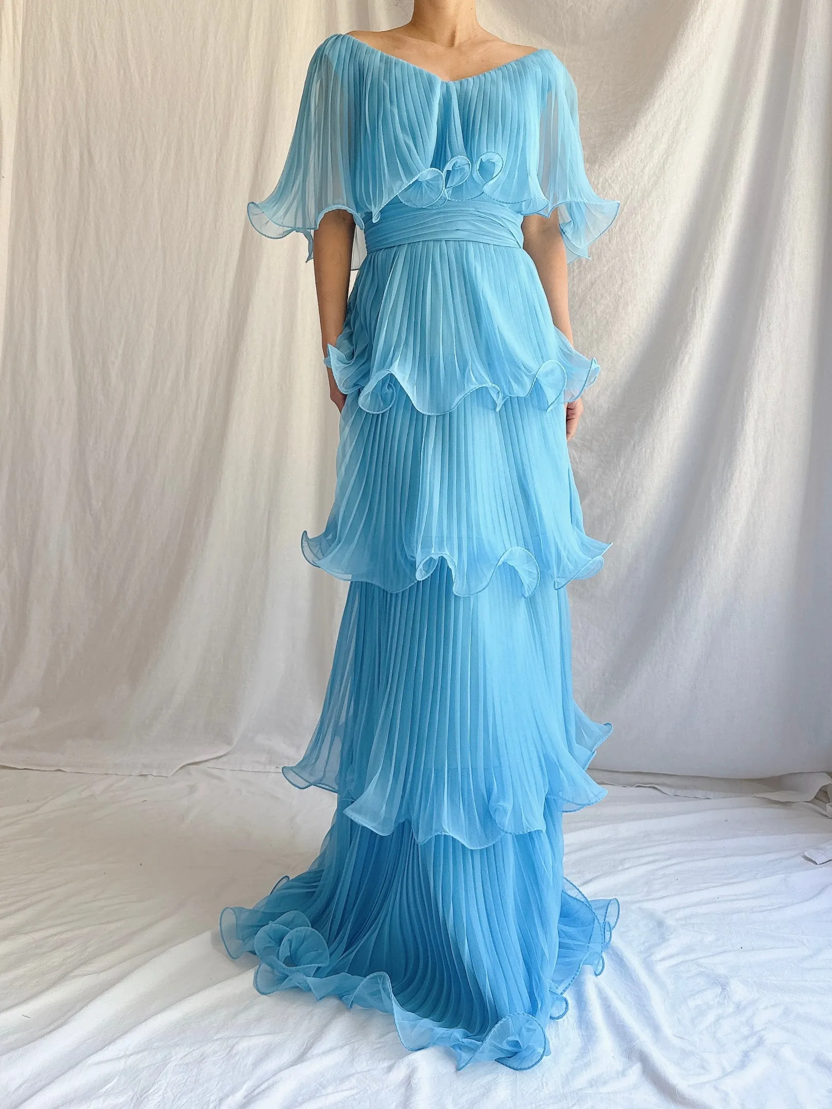 1970s Blue Tiered Dress - S