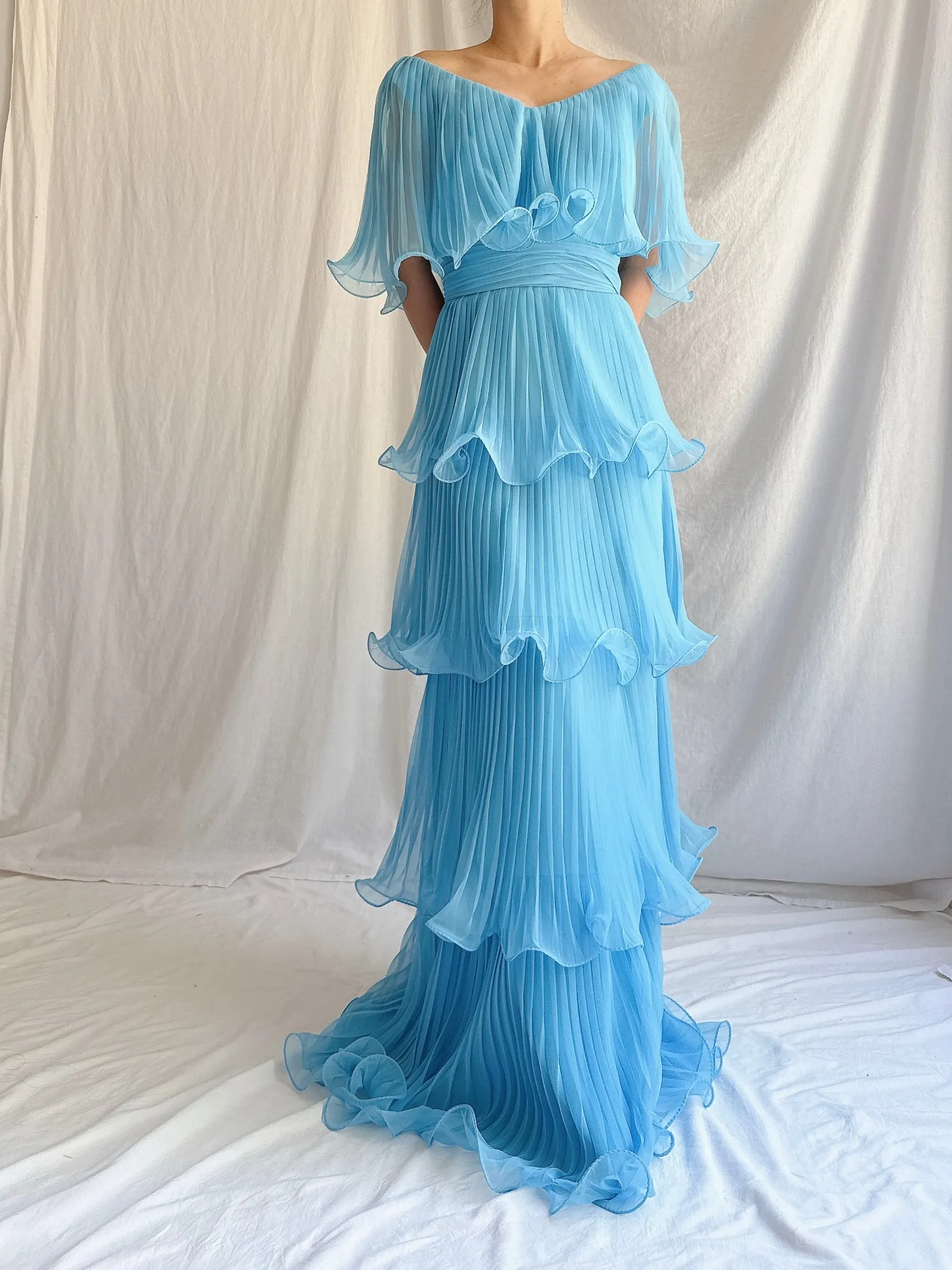 1970s Blue Tiered Dress - S
