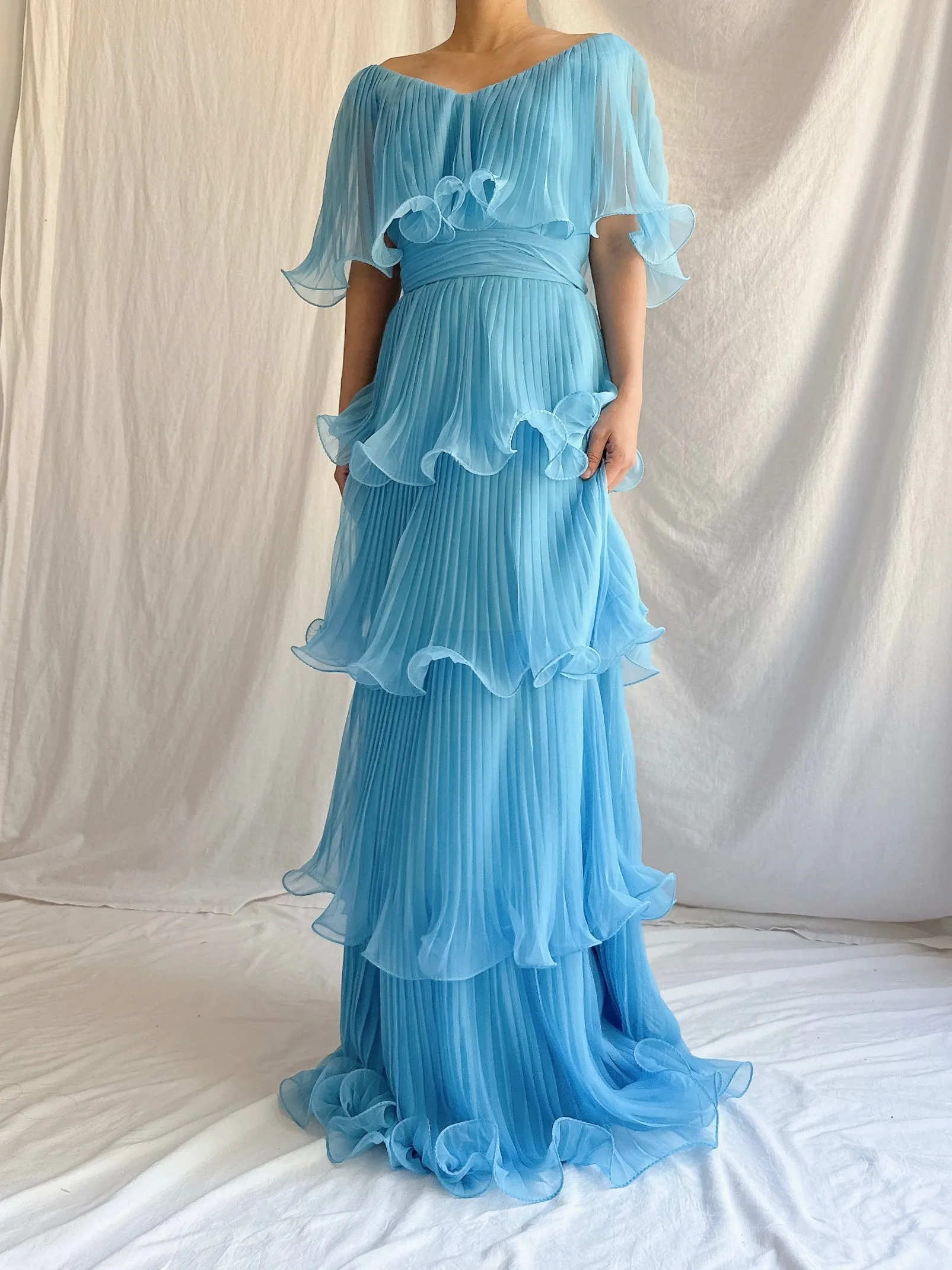 1970s Blue Tiered Dress - S