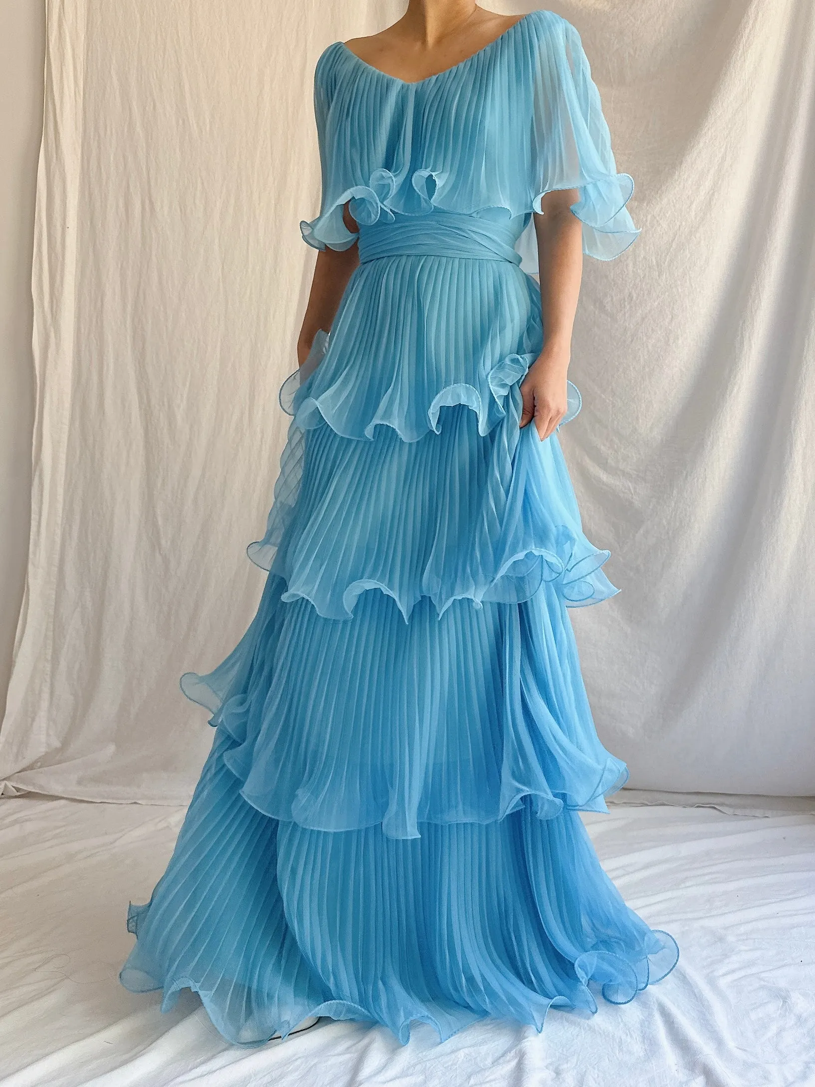 1970s Blue Tiered Dress - S