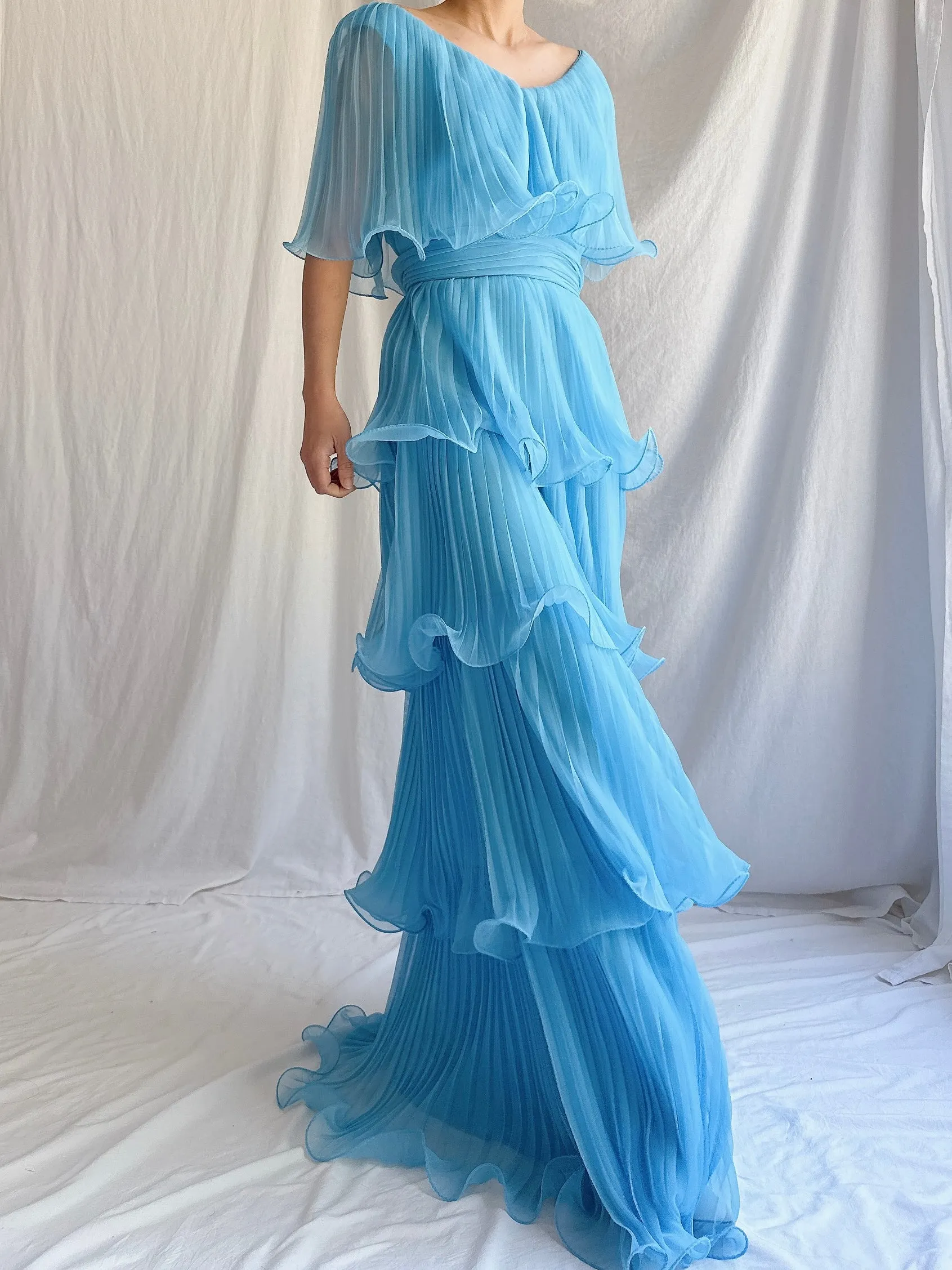 1970s Blue Tiered Dress - S