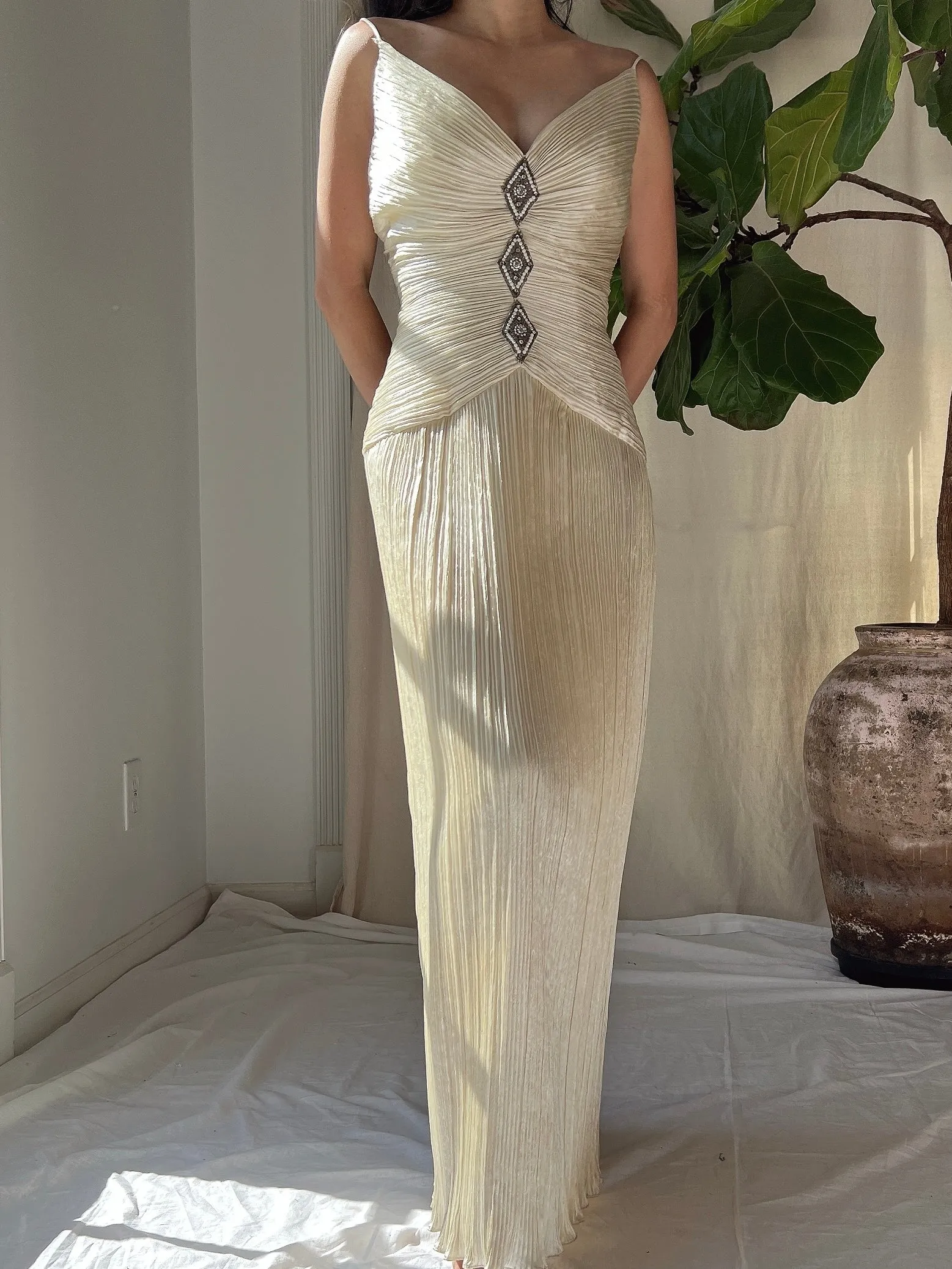 1980s Micro Pleated Satin Dress - L