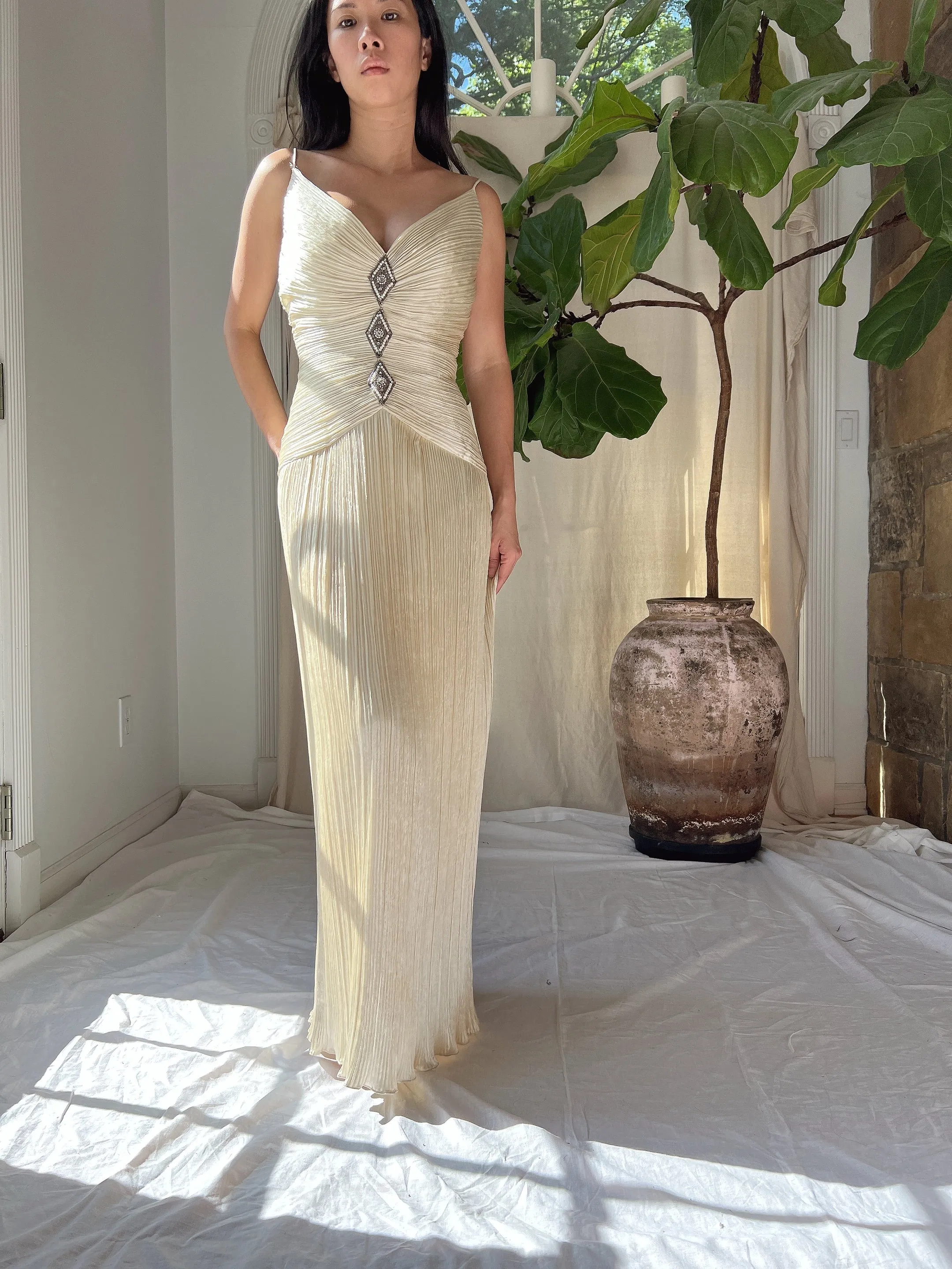 1980s Micro Pleated Satin Dress - L