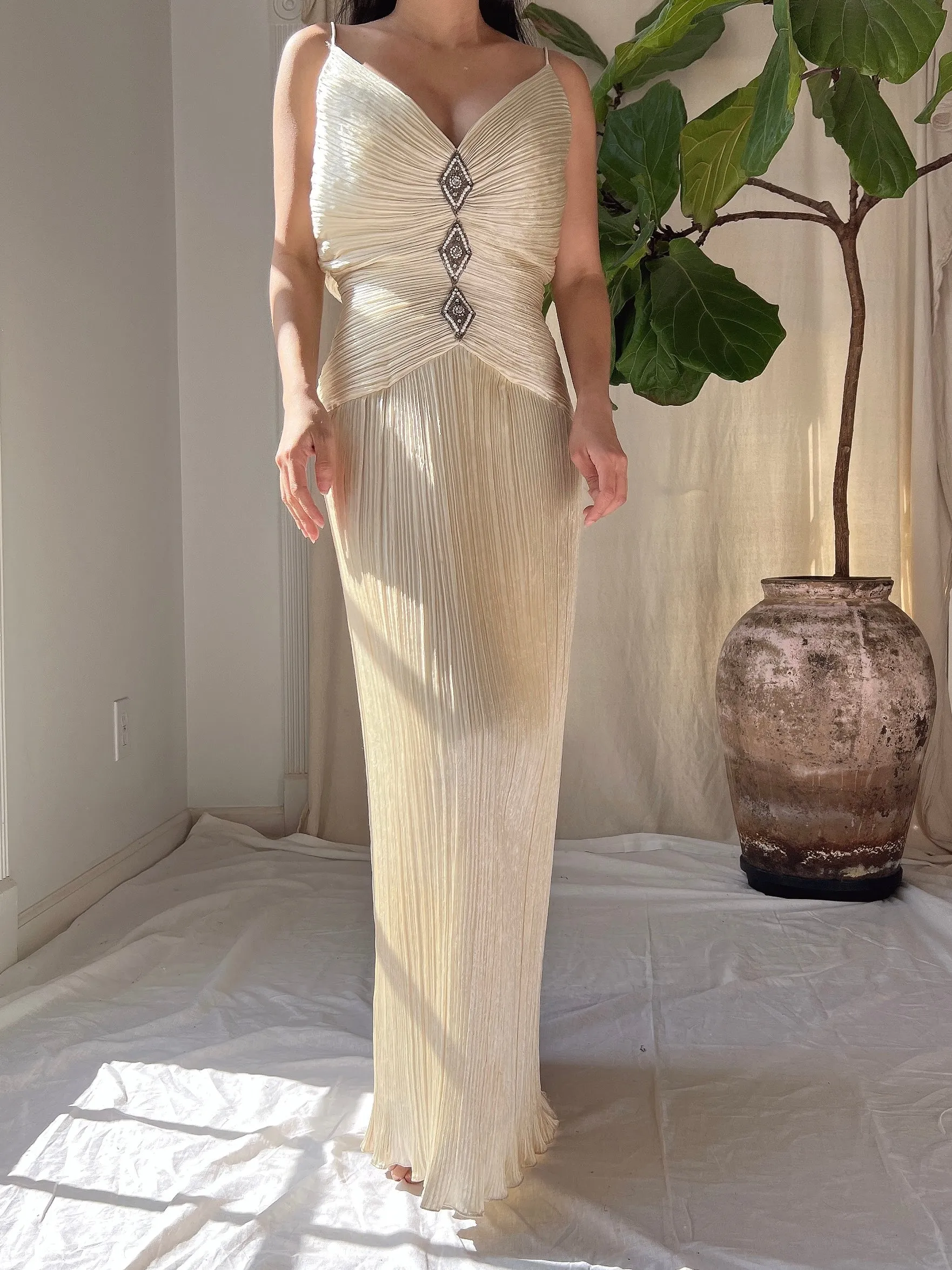 1980s Micro Pleated Satin Dress - L