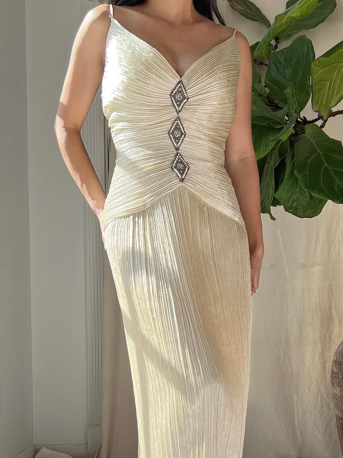 1980s Micro Pleated Satin Dress - L
