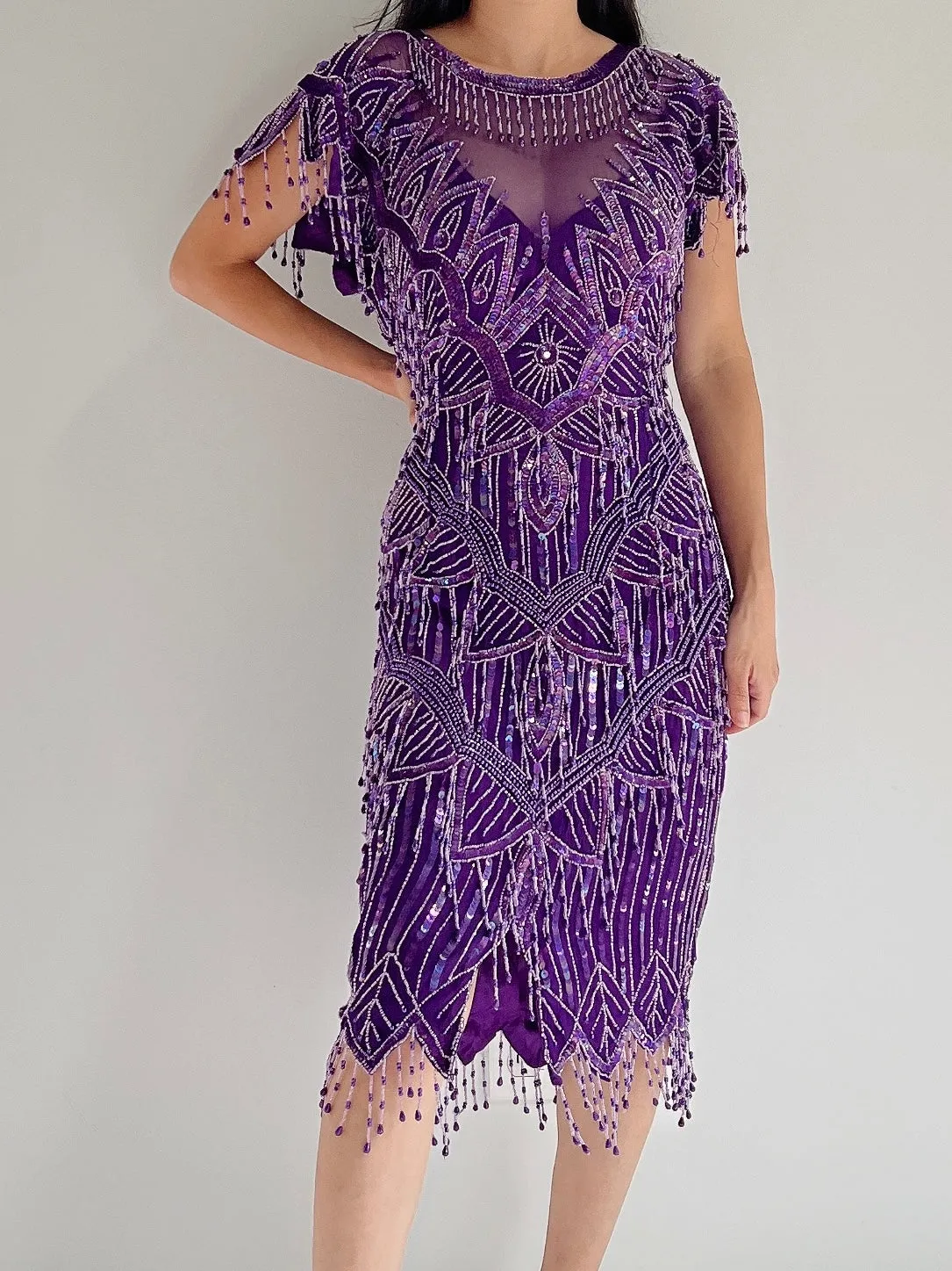 1980s Purple Silk Beaded Fringe Dress - S/M