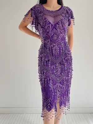 1980s Purple Silk Beaded Fringe Dress - S/M