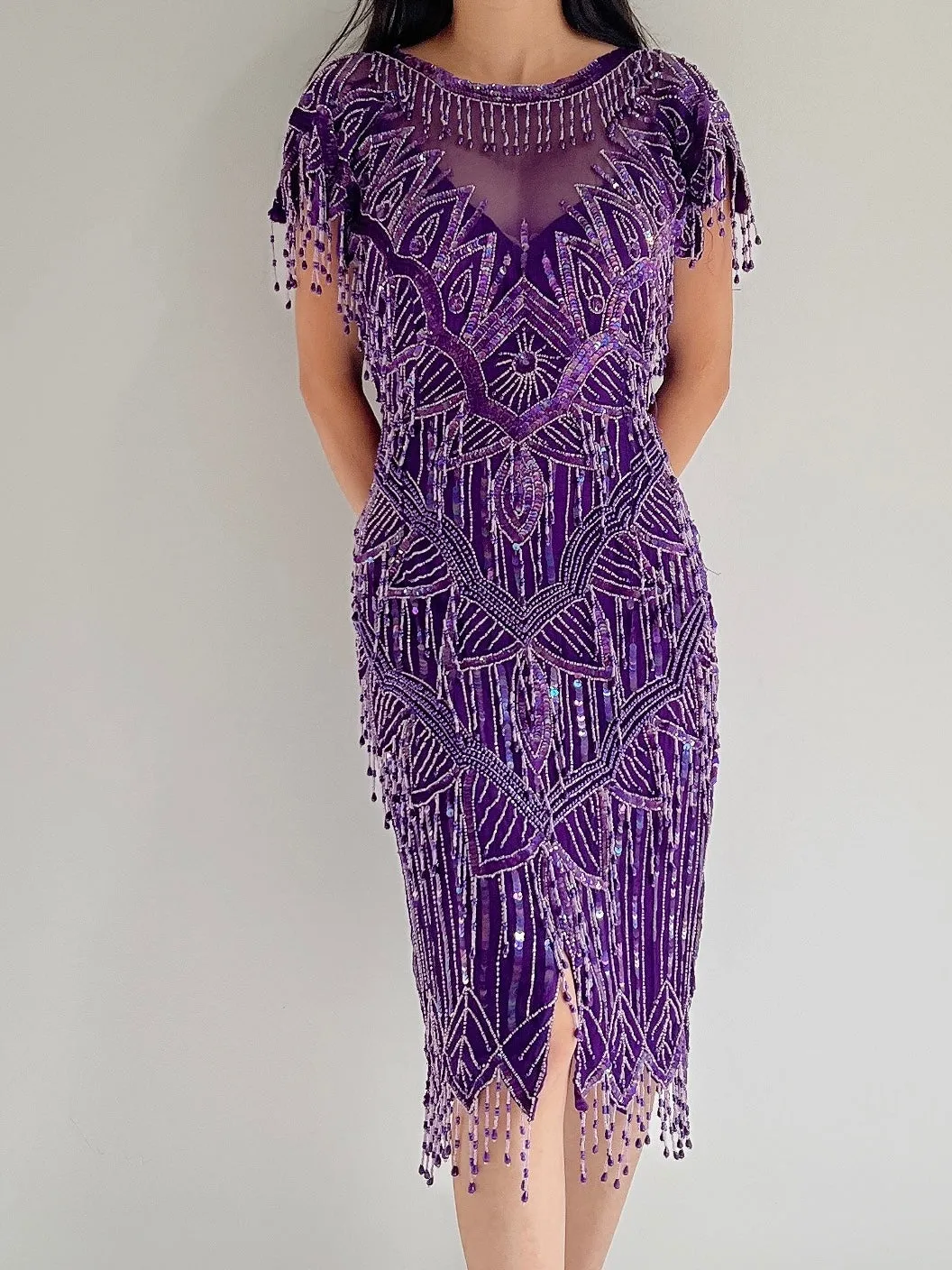 1980s Purple Silk Beaded Fringe Dress - S/M
