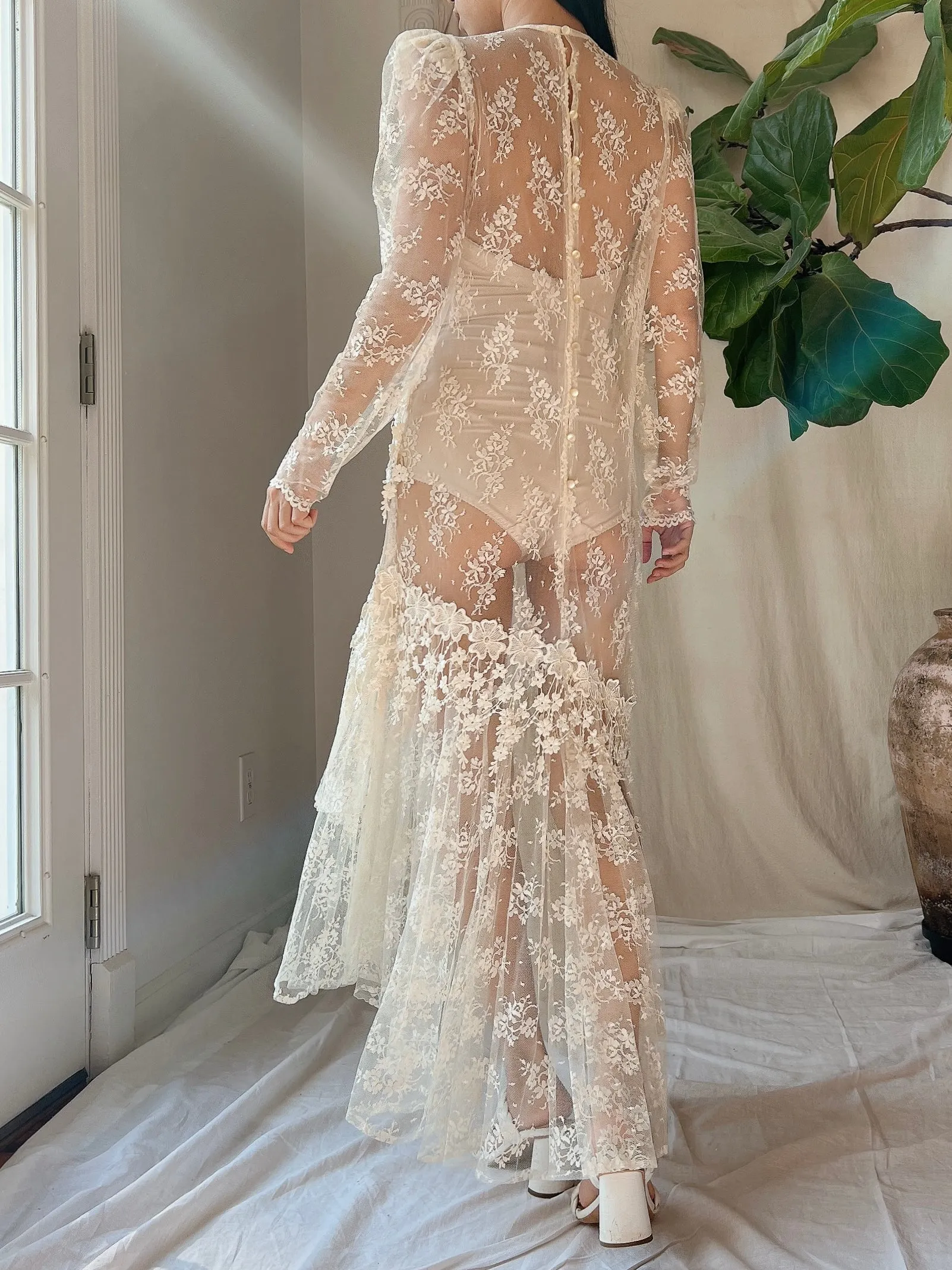 1980s Sheer Lace Dress - M