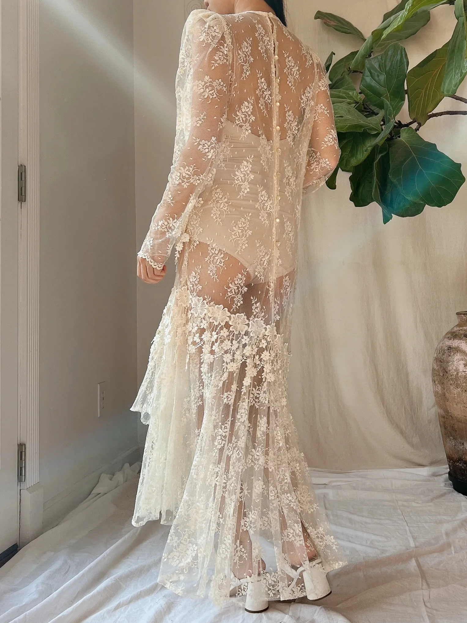 1980s Sheer Lace Dress - M