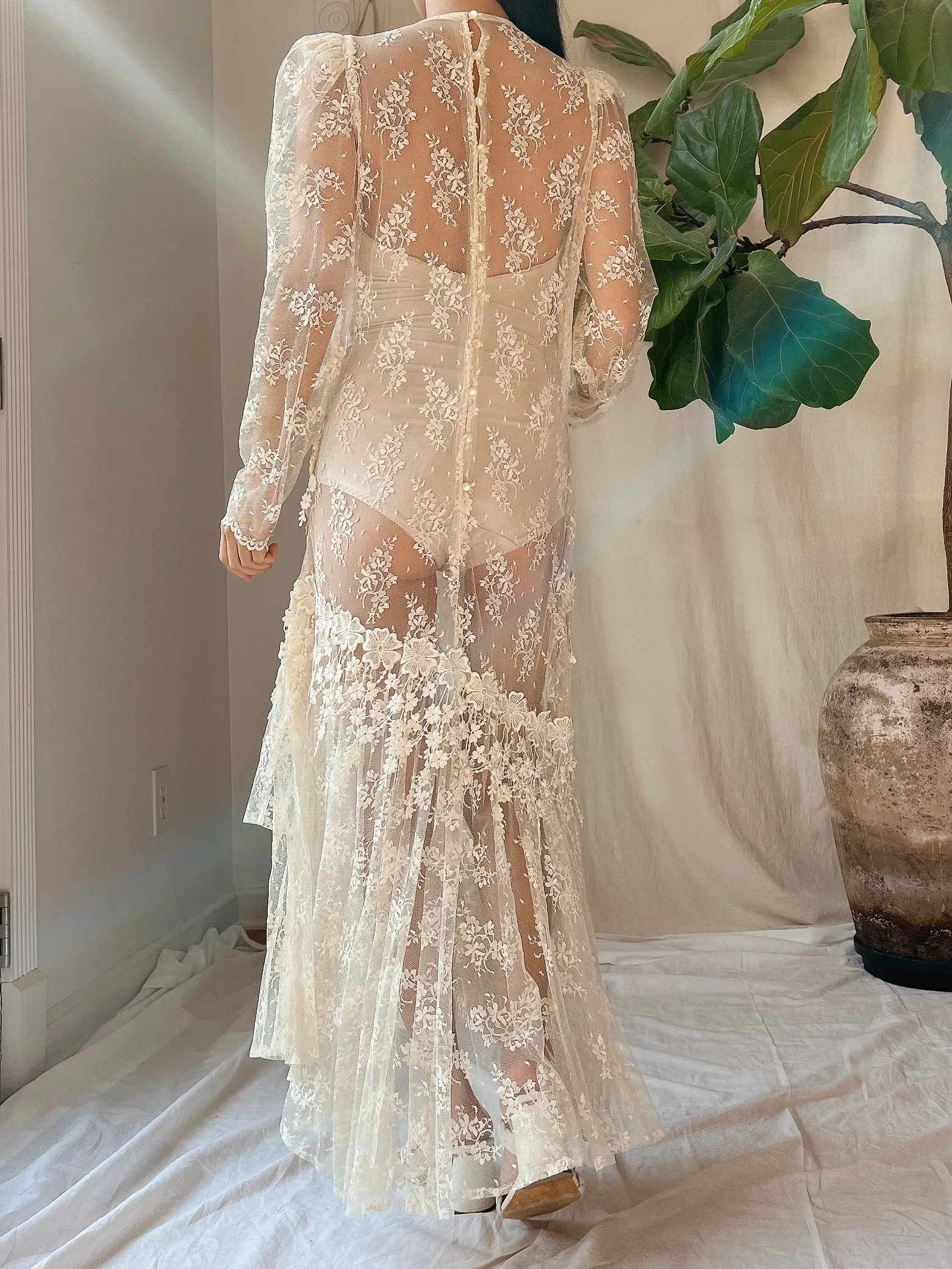1980s Sheer Lace Dress - M