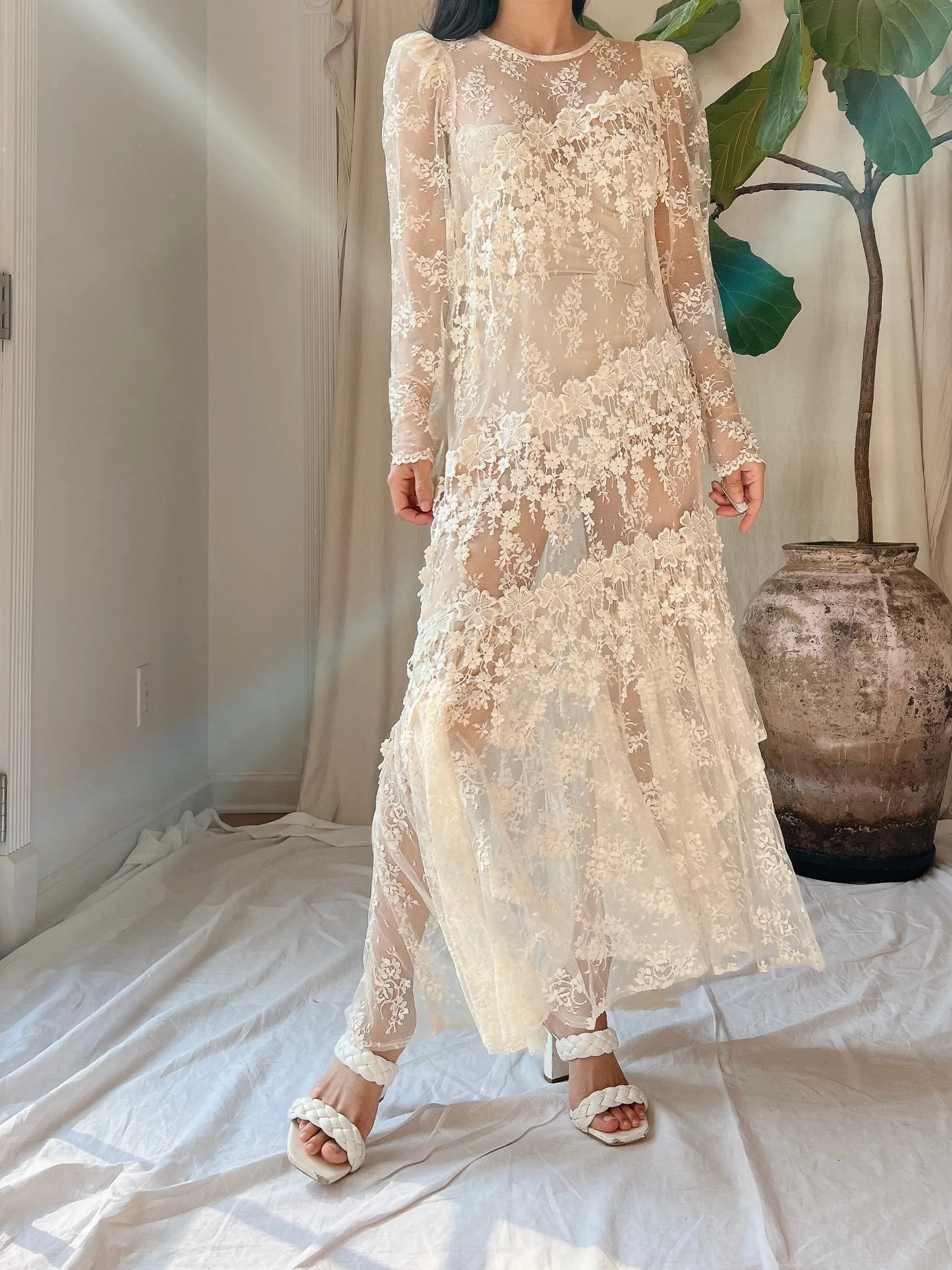 1980s Sheer Lace Dress - M