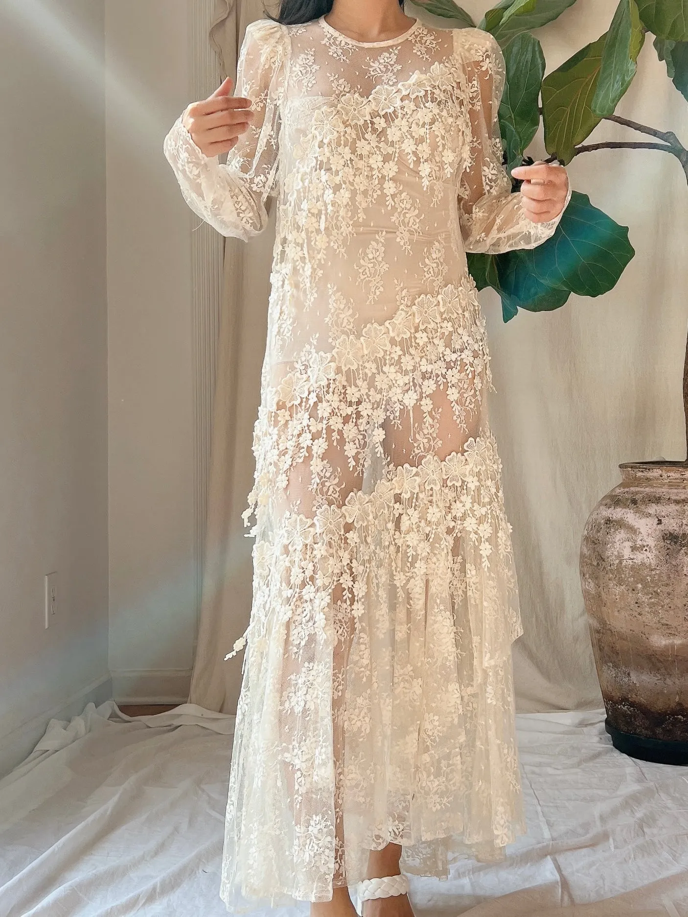 1980s Sheer Lace Dress - M