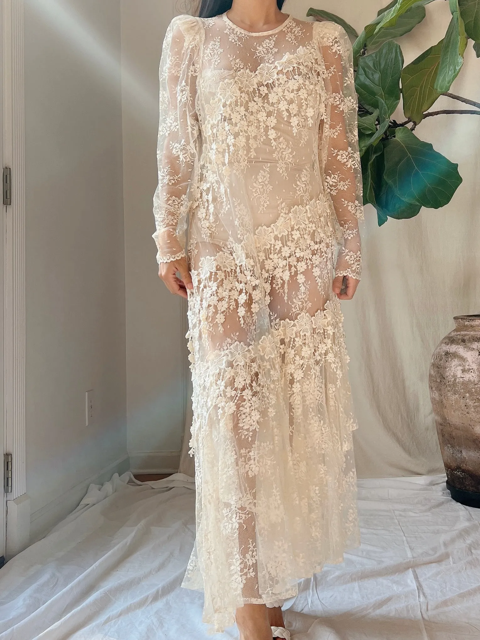 1980s Sheer Lace Dress - M
