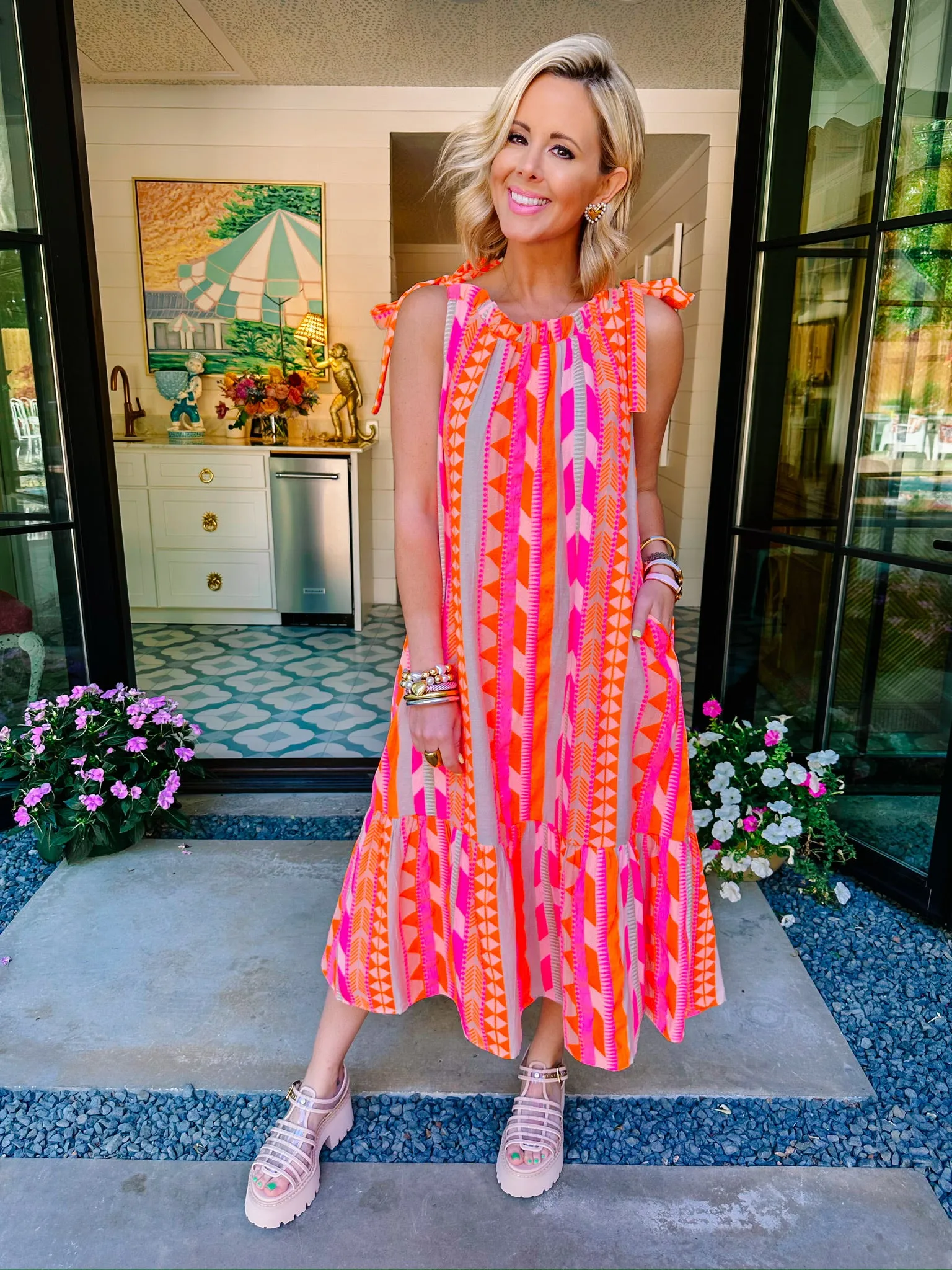 ALESSANDRA AZTEC MIDI DRESS - NEON PINK