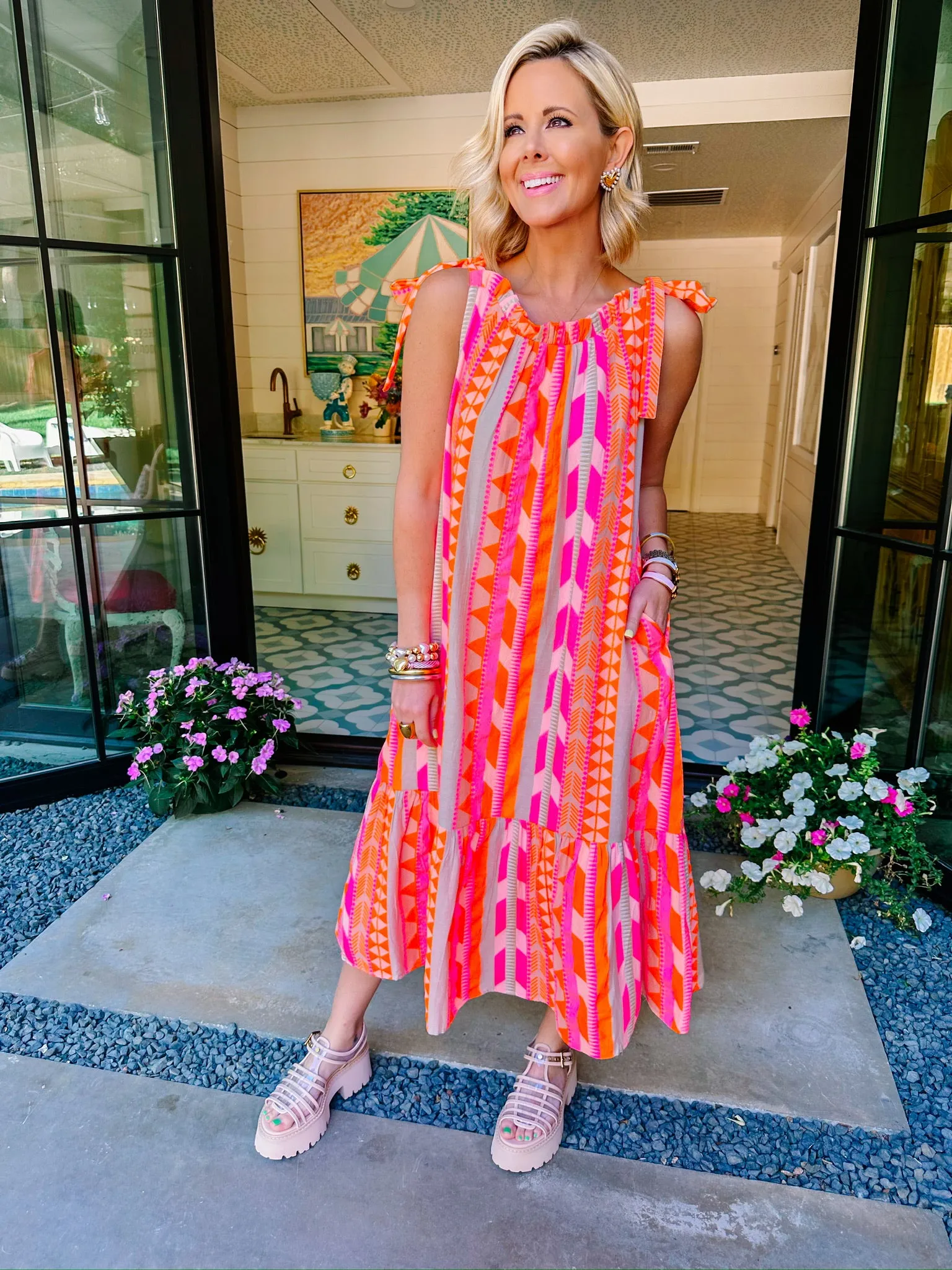 ALESSANDRA AZTEC MIDI DRESS - NEON PINK