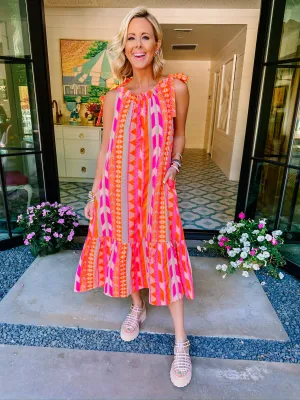 ALESSANDRA AZTEC MIDI DRESS - NEON PINK