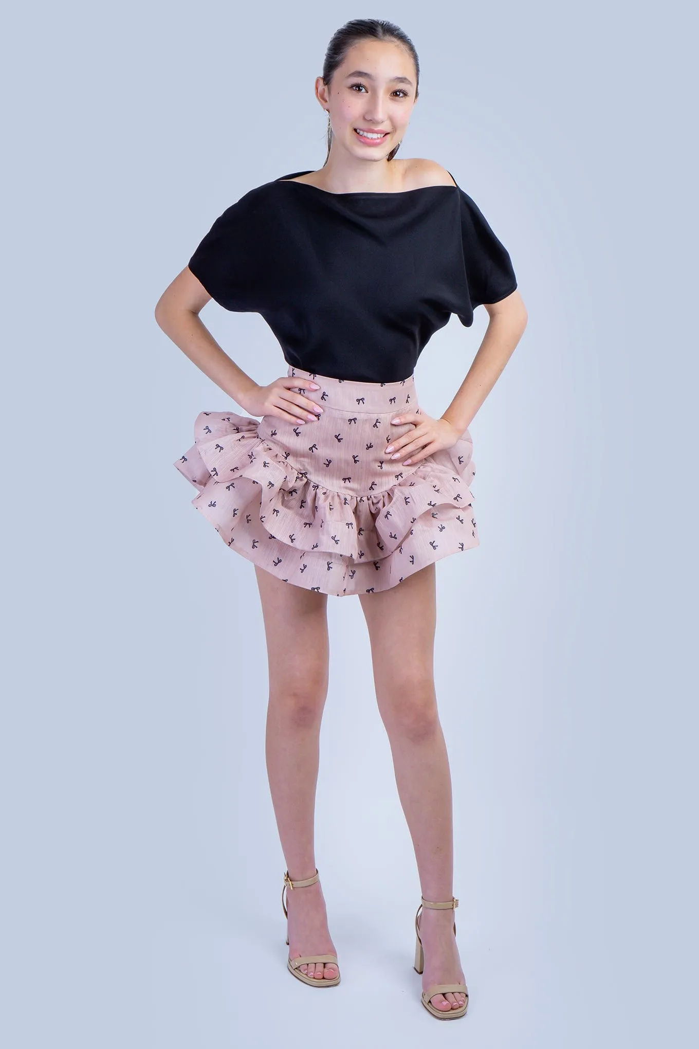 Almond Black Bow Ruffle Skirt