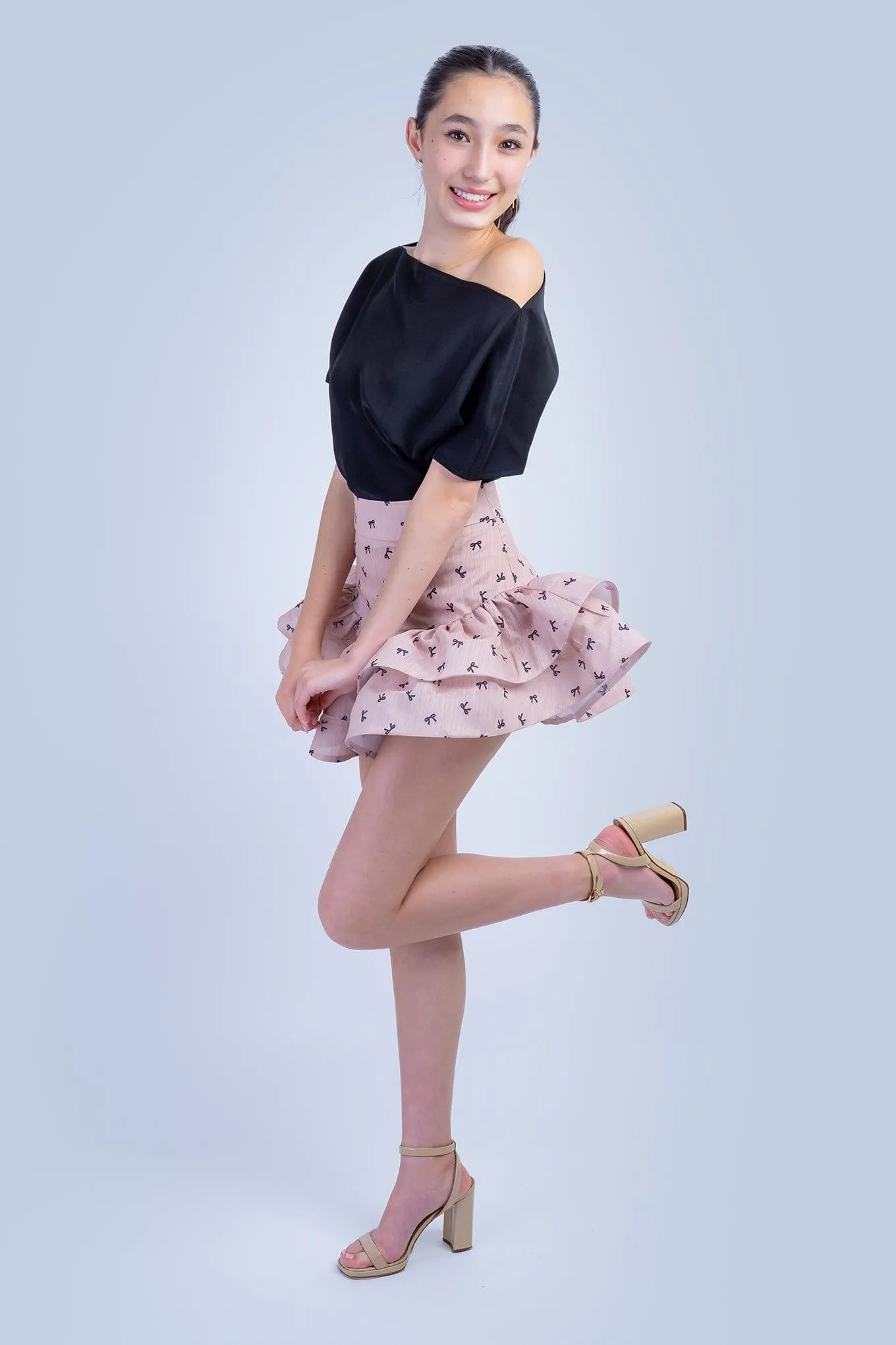 Almond Black Bow Ruffle Skirt