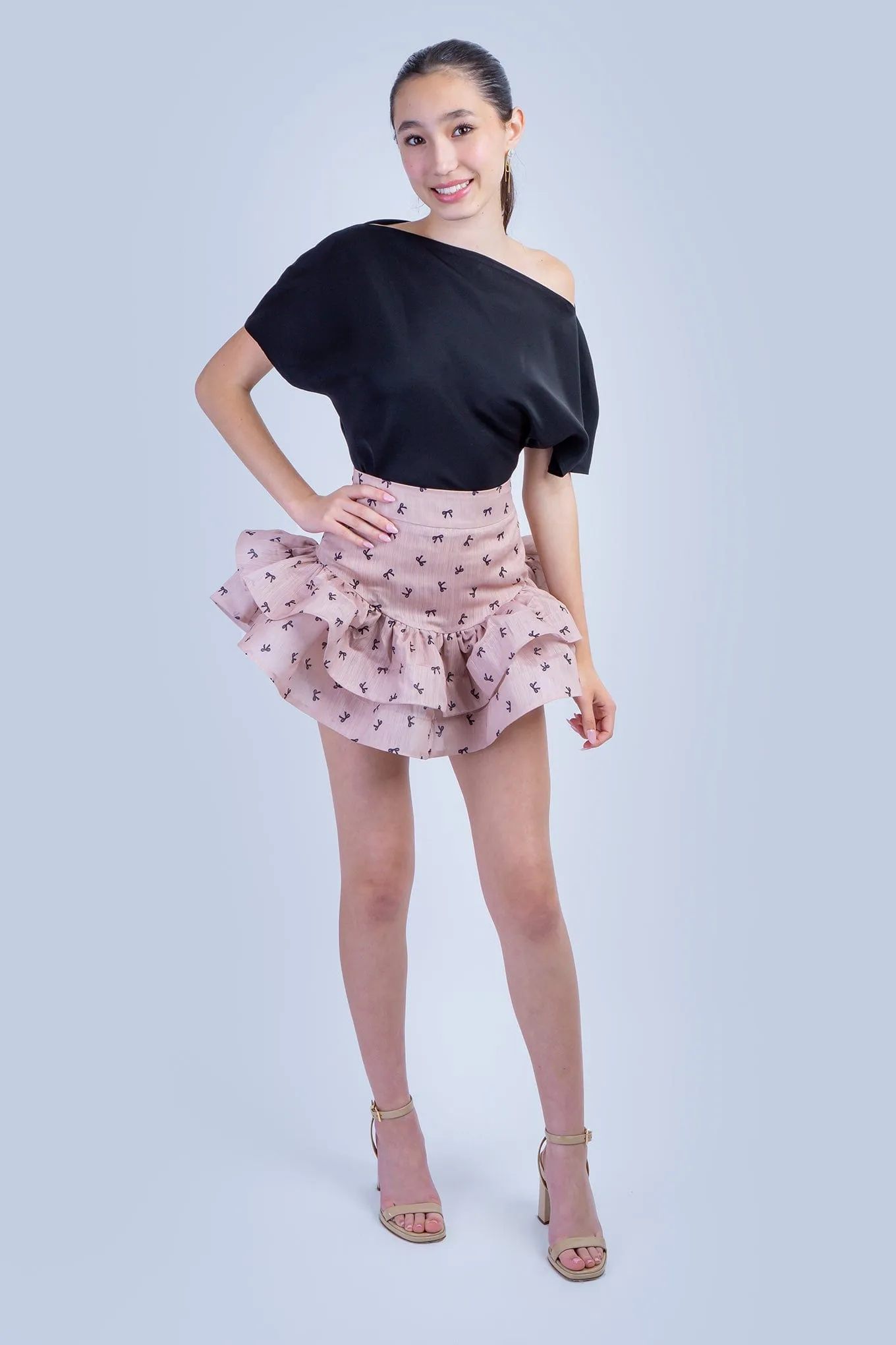Almond Black Bow Ruffle Skirt