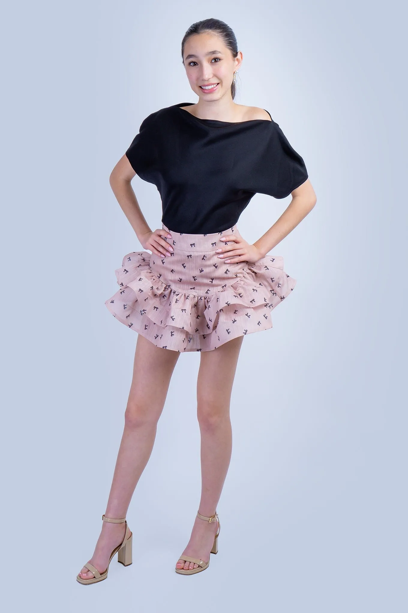 Almond Black Bow Ruffle Skirt