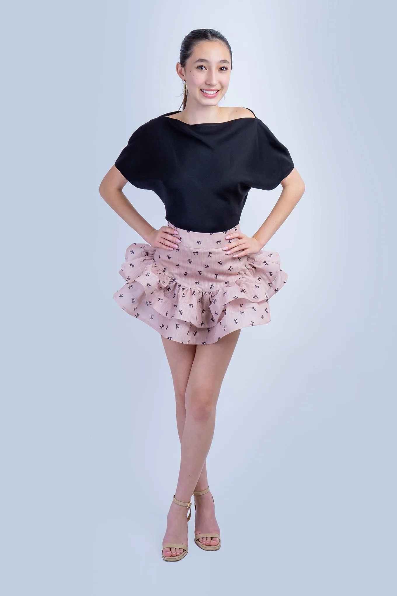 Almond Black Bow Ruffle Skirt