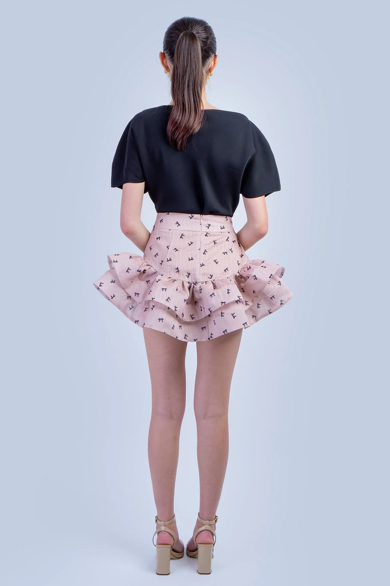 Almond Black Bow Ruffle Skirt