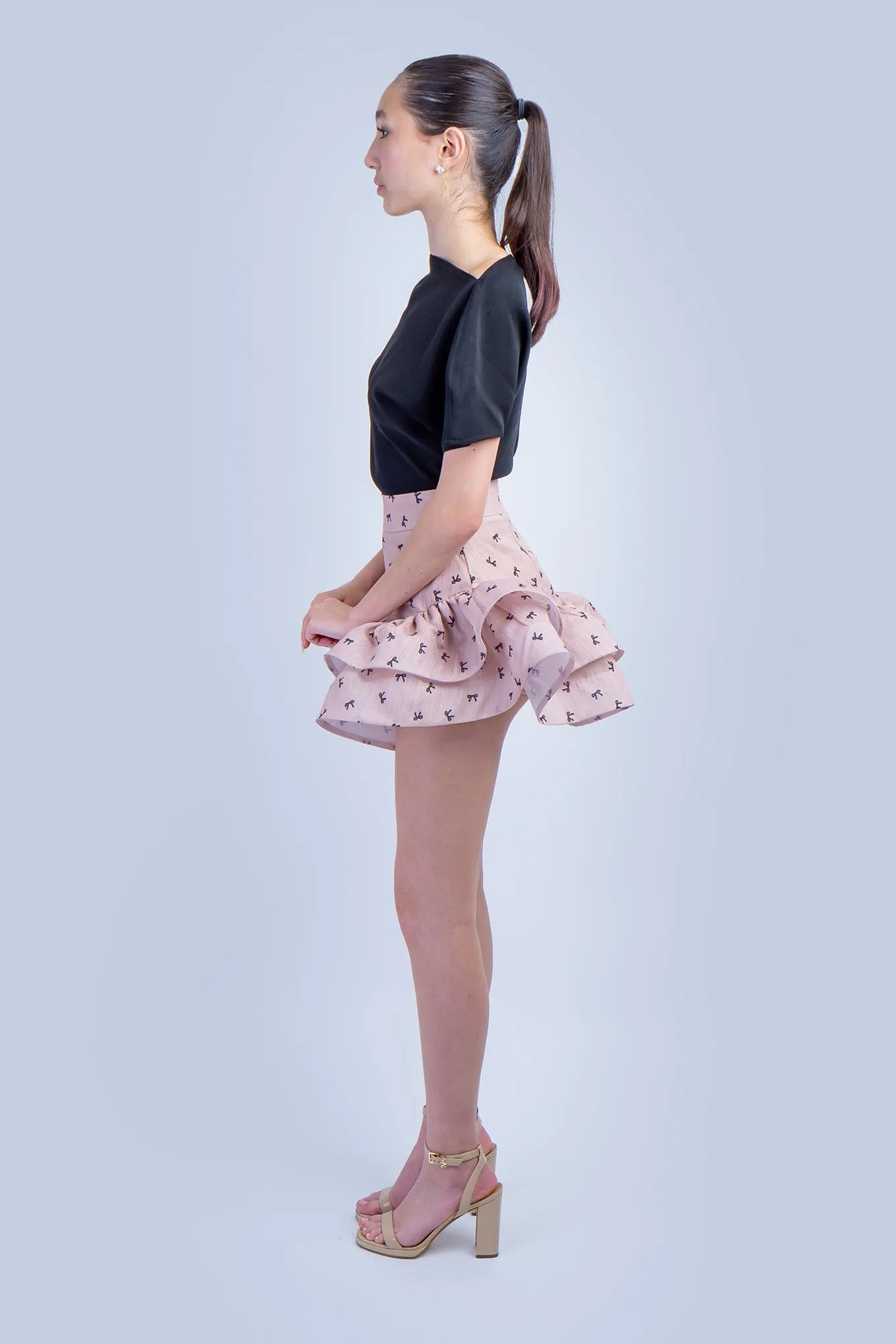 Almond Black Bow Ruffle Skirt