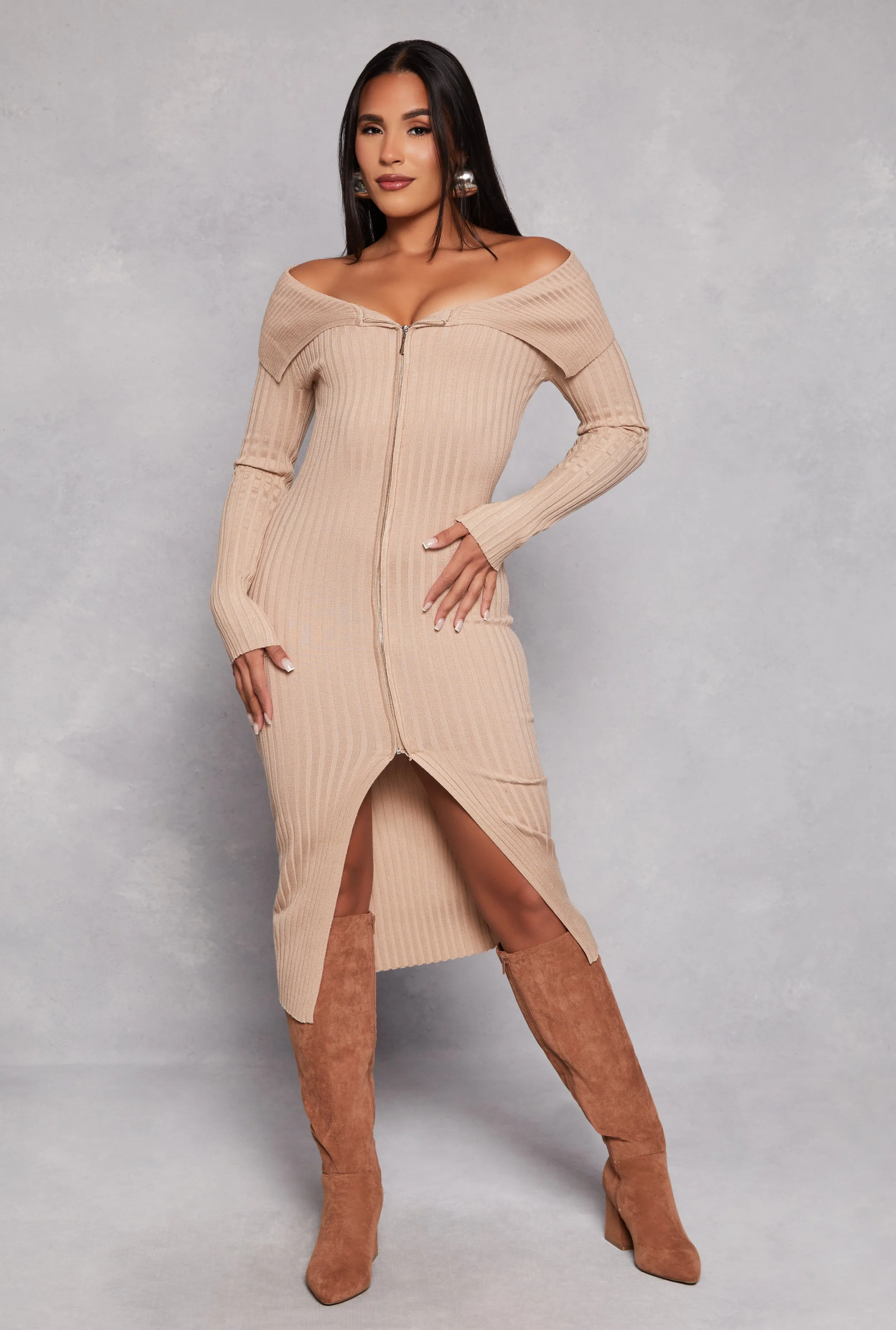 Almost Famous Zip Off the Shoulder Sweater Dress
