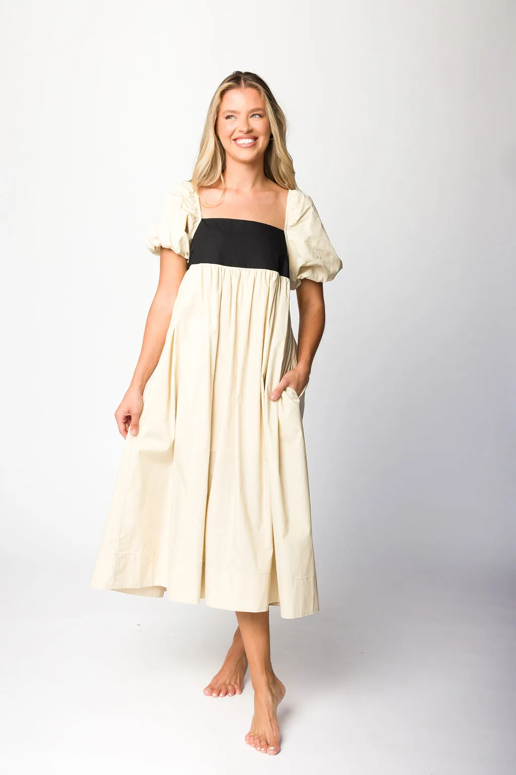 Amia Cotton Midi Dress in Beige