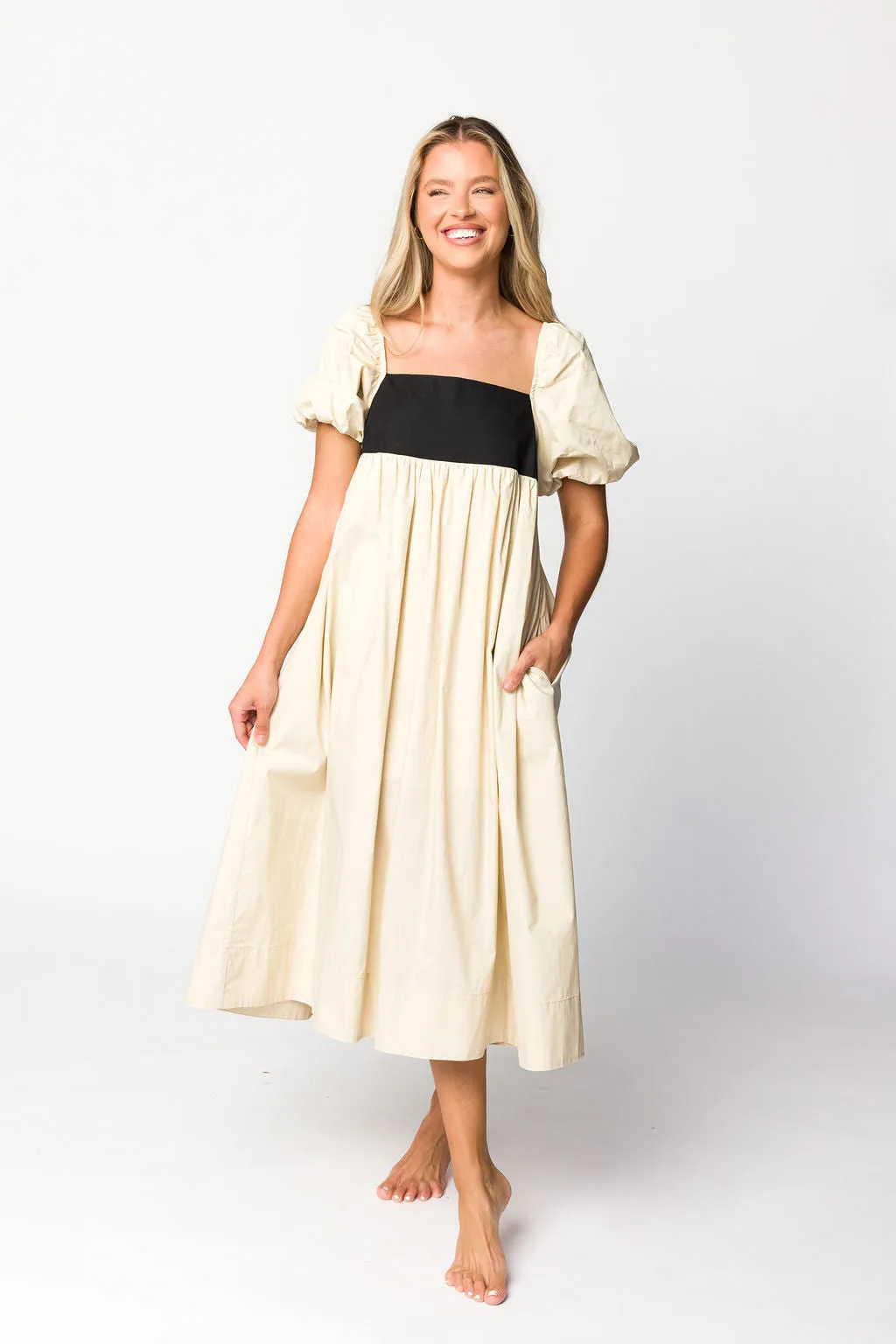 Amia Cotton Midi Dress in Beige