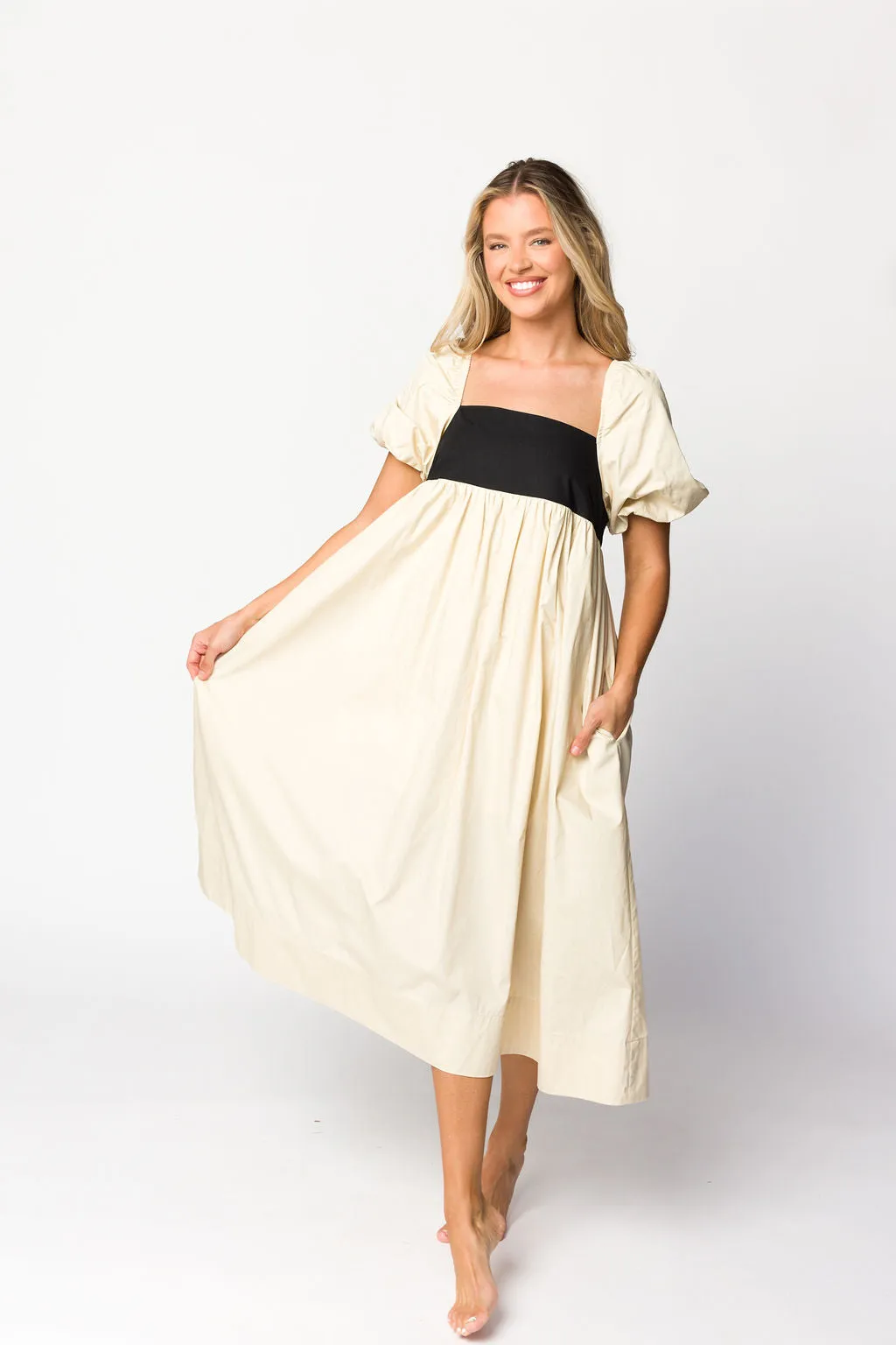 Amia Cotton Midi Dress in Beige