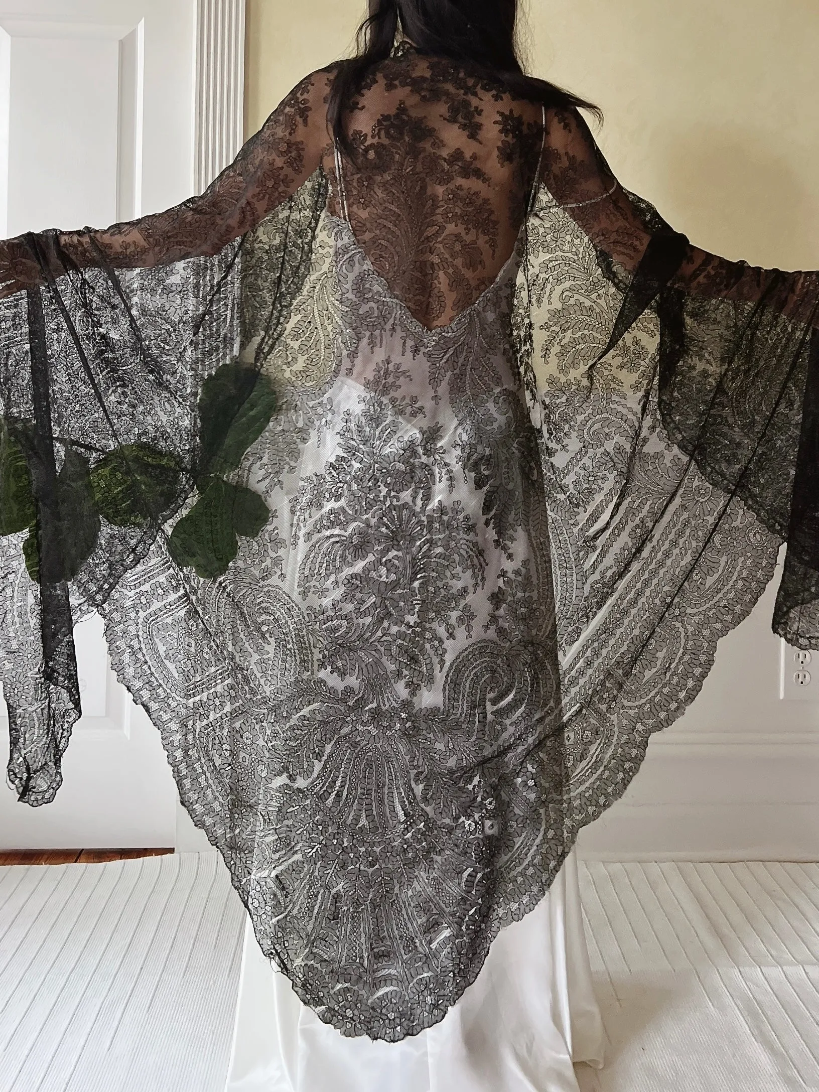Antique Black Lace Shawl - One Size