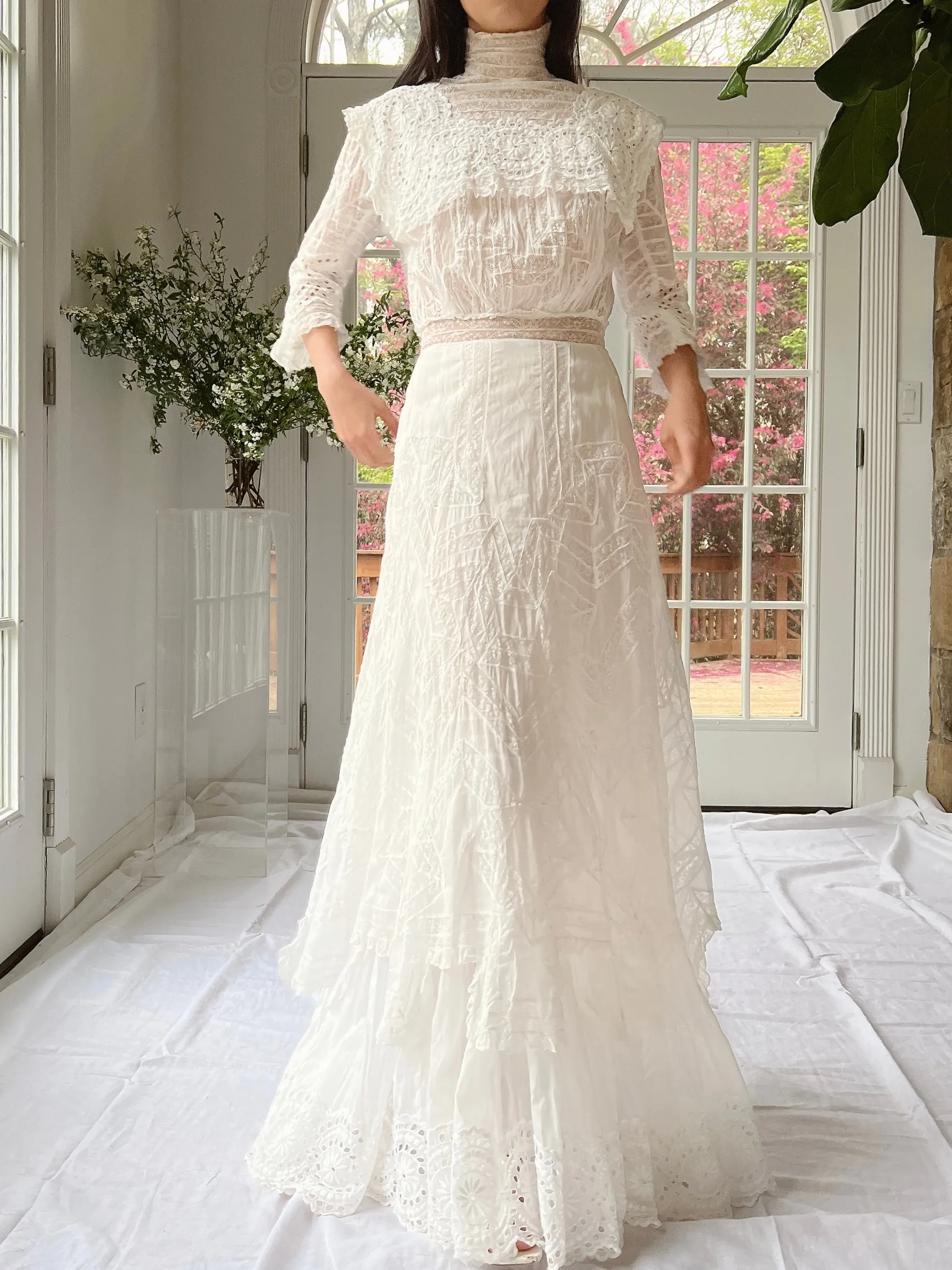 Antique High Neck Cotton and Lace Gown - XS